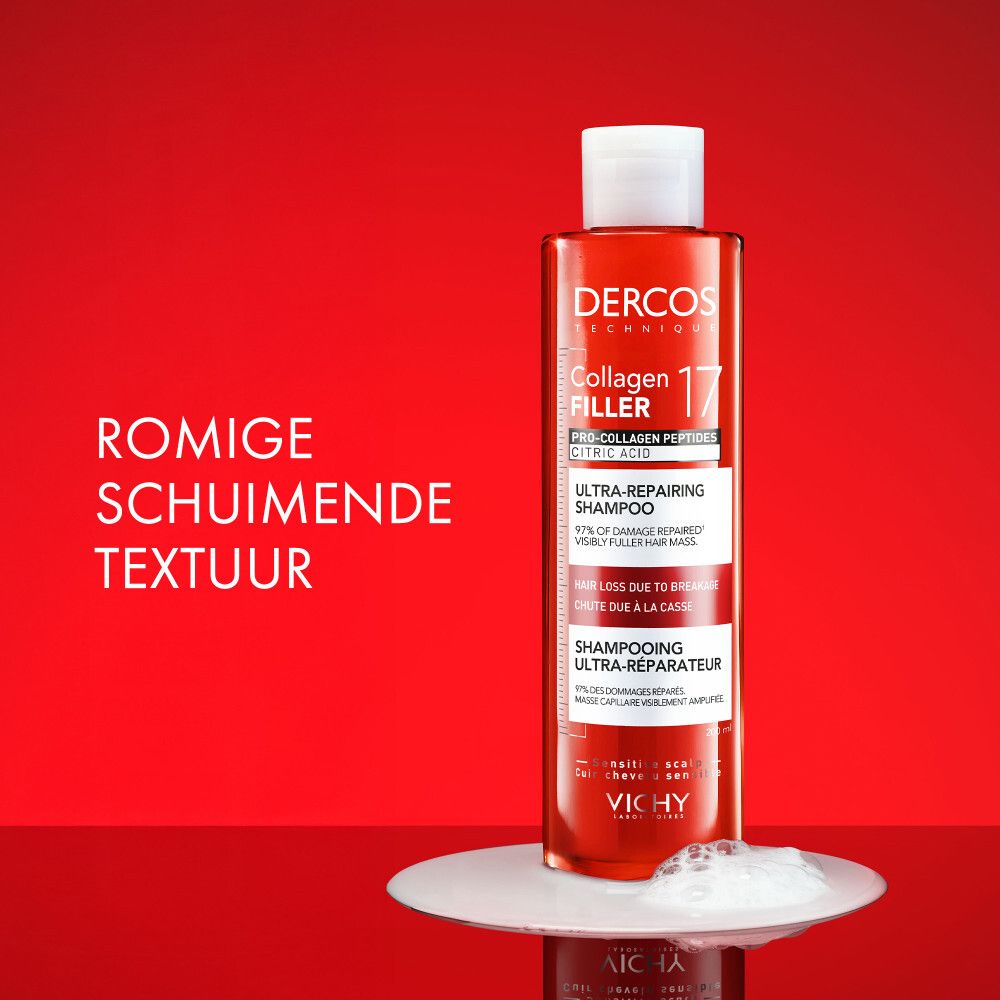Rode fles Vichy Dercos Shampooing Collagen 17 Filler. Tekst en schuim.