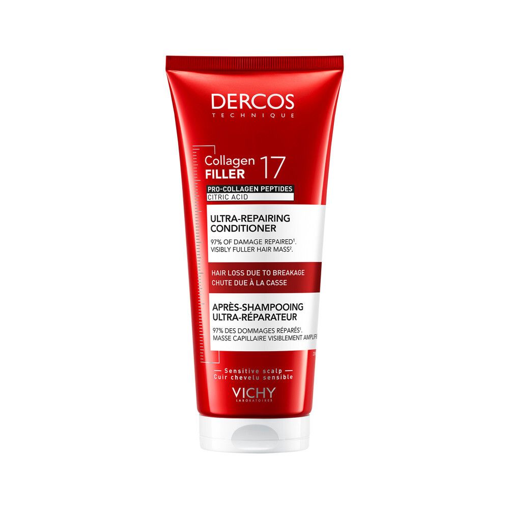 Rode tube Dercos Collagen 17 Filler, Ultra-Repairing Conditioner. Vichy. Witte tekst.