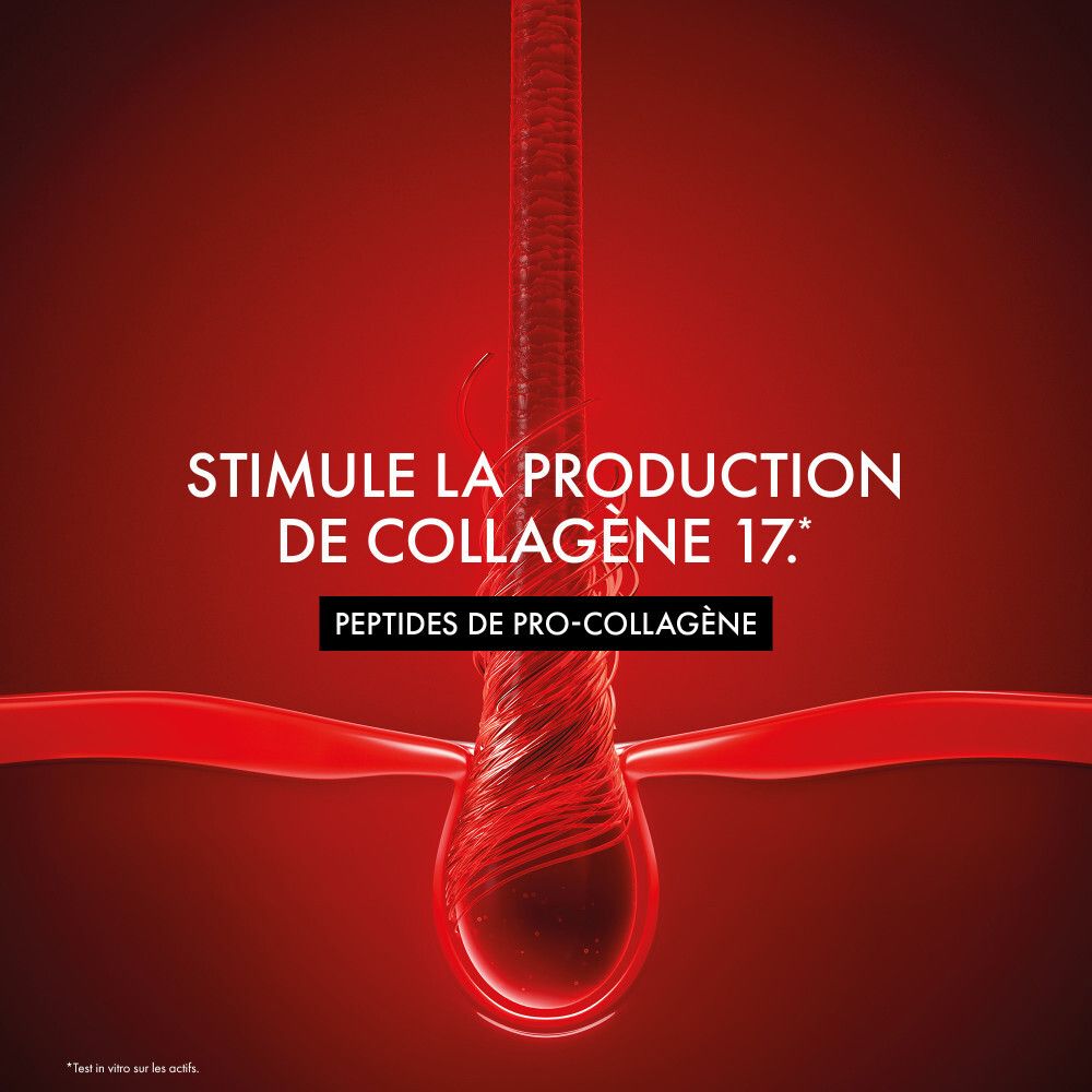 Mèche de cheveux. Texte: Stimule la production de collagène 17. Peptides de Pro-Collagène.