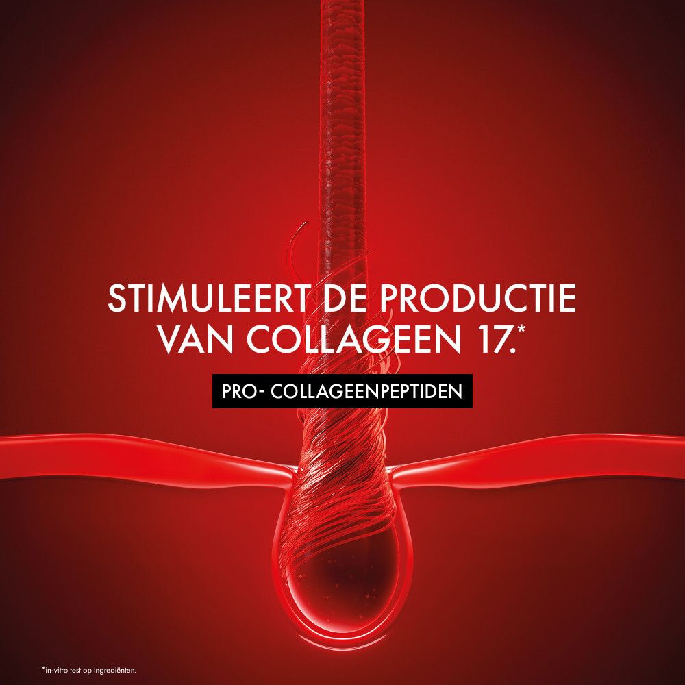 Haarlok. Tekst: Stimuleert de productie van collageen 17. Pro-collageenpeptiden.