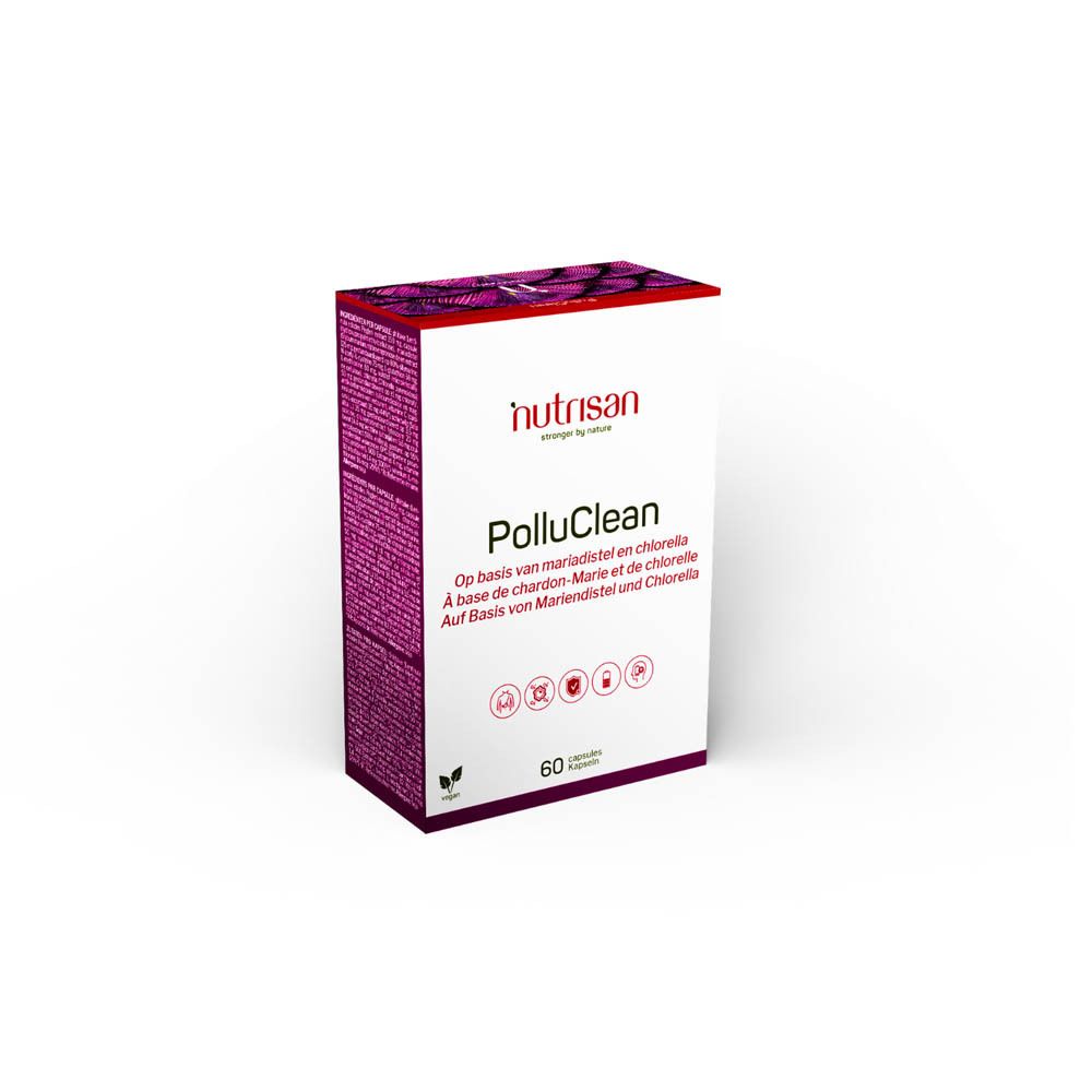 Doos Nutrisan PolluClean. Opschrift: 60 capsules. Vegan logo. Productnaam en logo.