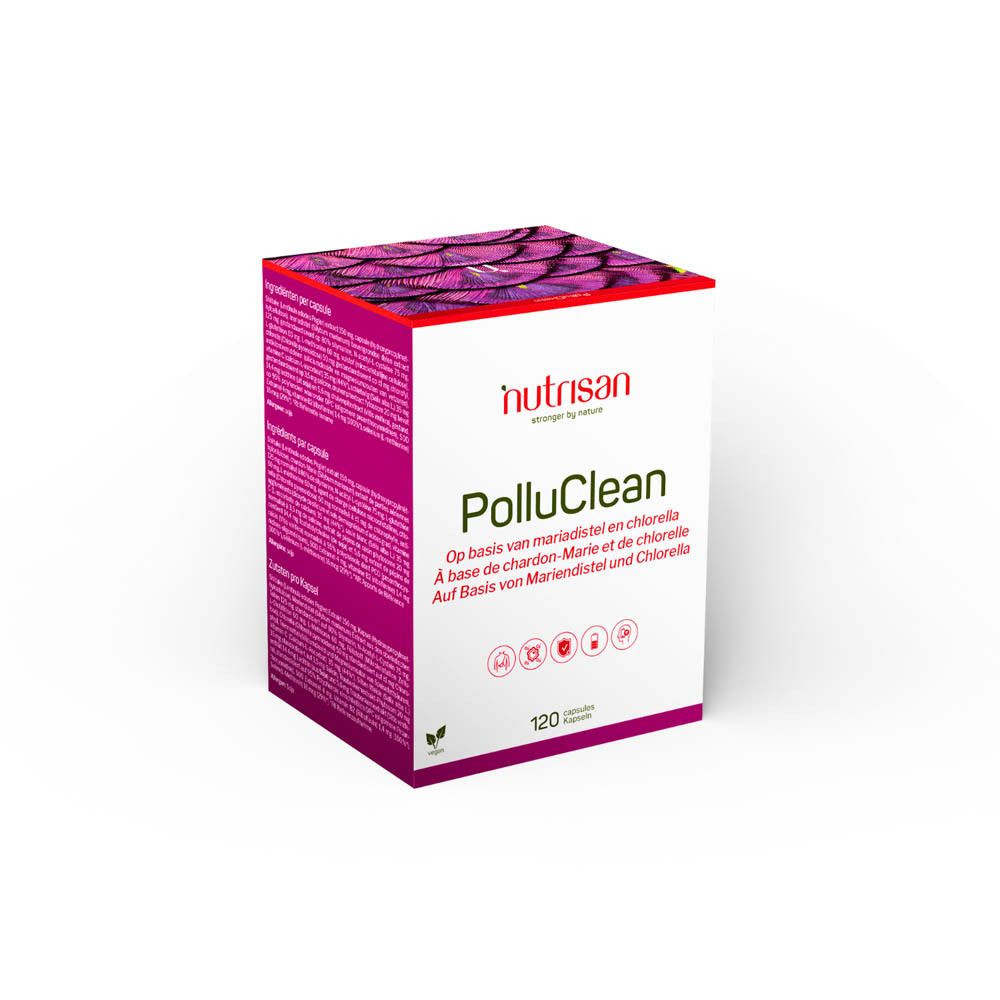 Doos Nutrisan PolluClean. Wit en roze. Tekst: PolluClean, 120 capsules, vegan.