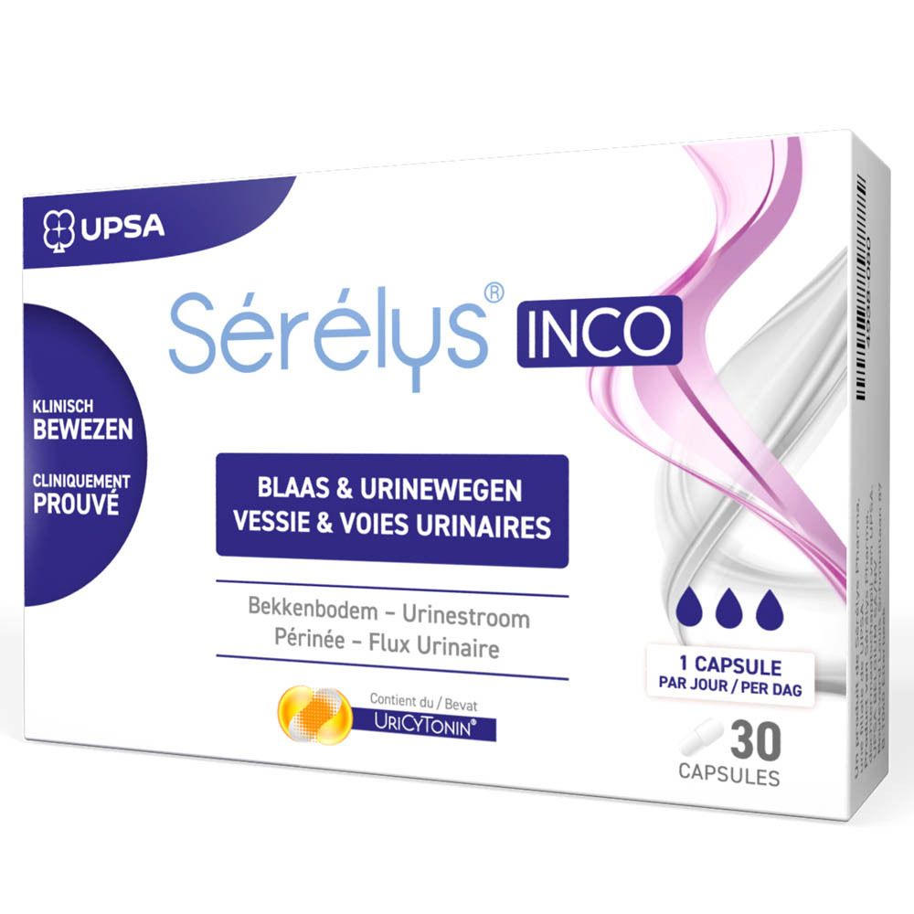 Doos Sérélys INCO. Opschrift: Blaas & urinewegen, 30 capsules. Klinisch bewezen. UPSA logo.