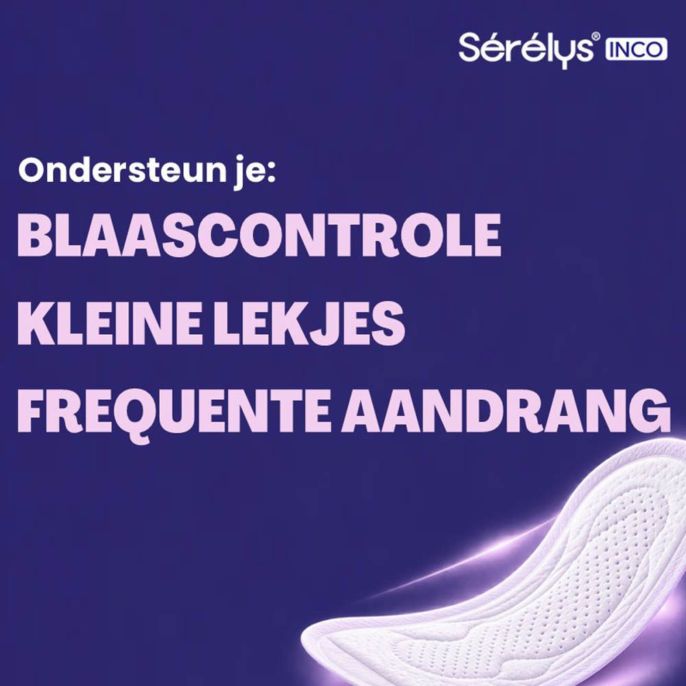 Een hygiëneproduct voor dames met Sérélys INCO logo. Tekst: Blaascontrole, kleine lekjes, frequente aandrang.