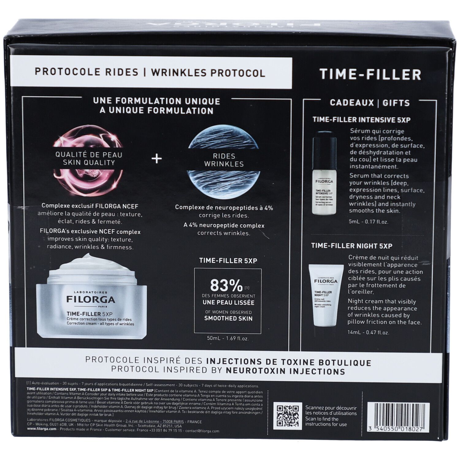 Achterkant van de Filorga Time-Filler geschenkverpakking. Tekstinformatie, productafbeeldingen en QR-codes.