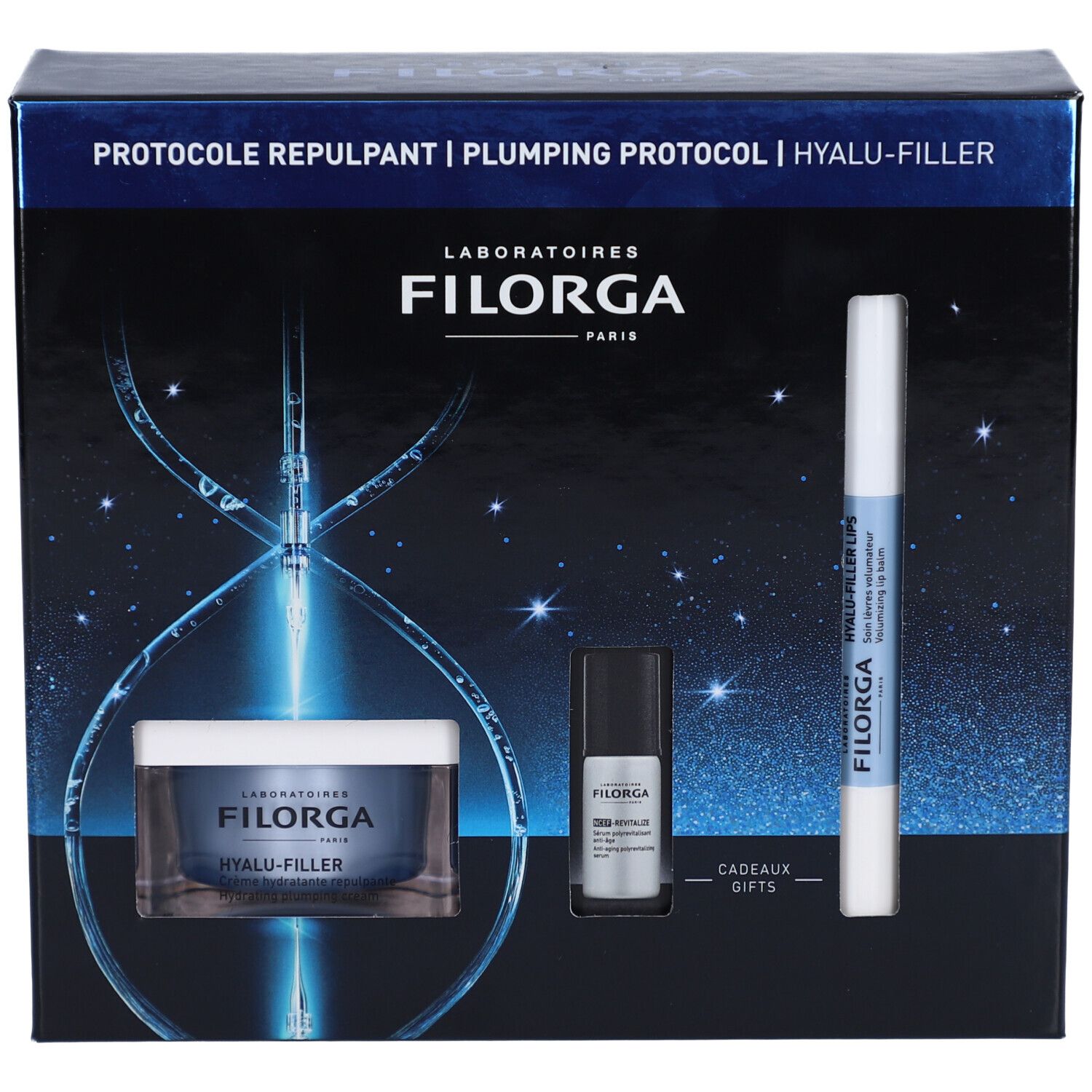 Filorga geschenkset. Bevat crème, serum en lippenbalsem. Blauw-witte verpakking met productnaam en logo.