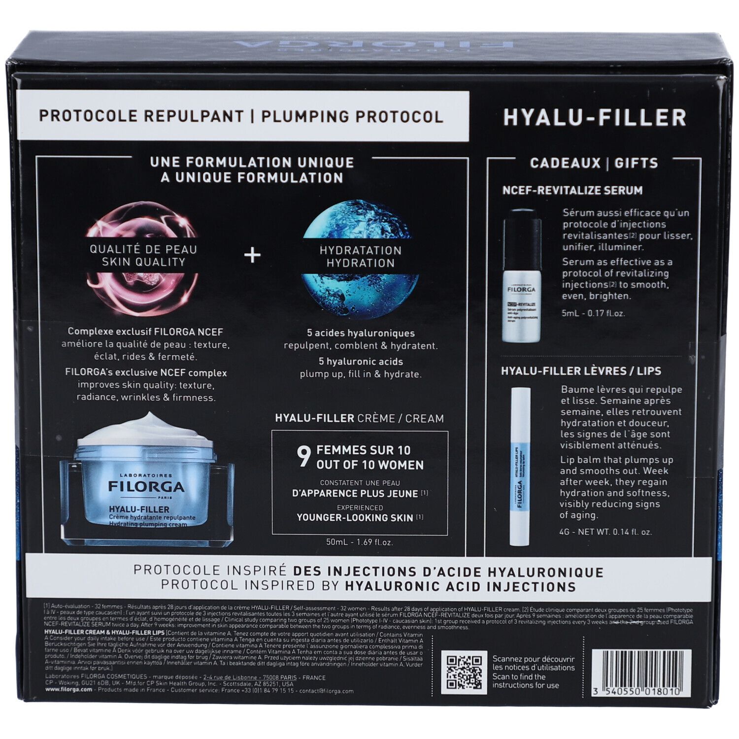 Achterkant van de Filorga geschenkverpakking. Bevat productinformatie, ingrediënten en gebruiksaanwijzingen. Meertalige tekst.