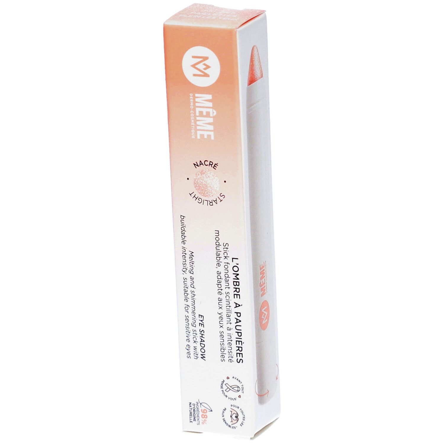 MEME Ombre à paupières Starlight. Emballage avec produit et texte. Boîte blanche et orange. Nom du produit et logo visibles.