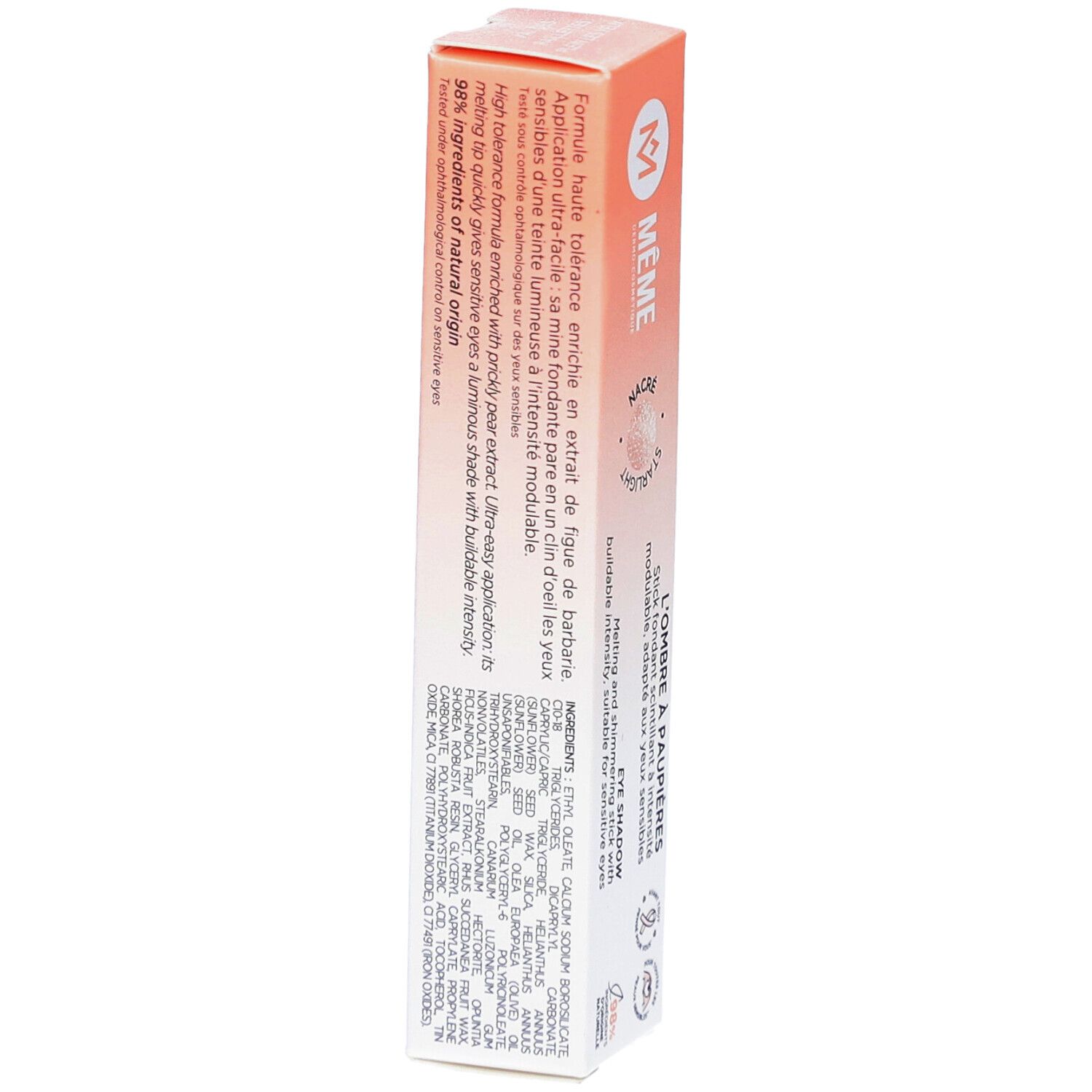 MEME Ombre à paupières Starlight. Emballage avec texte. Boîte blanche et orange. Ingrédients et informations textuelles.
