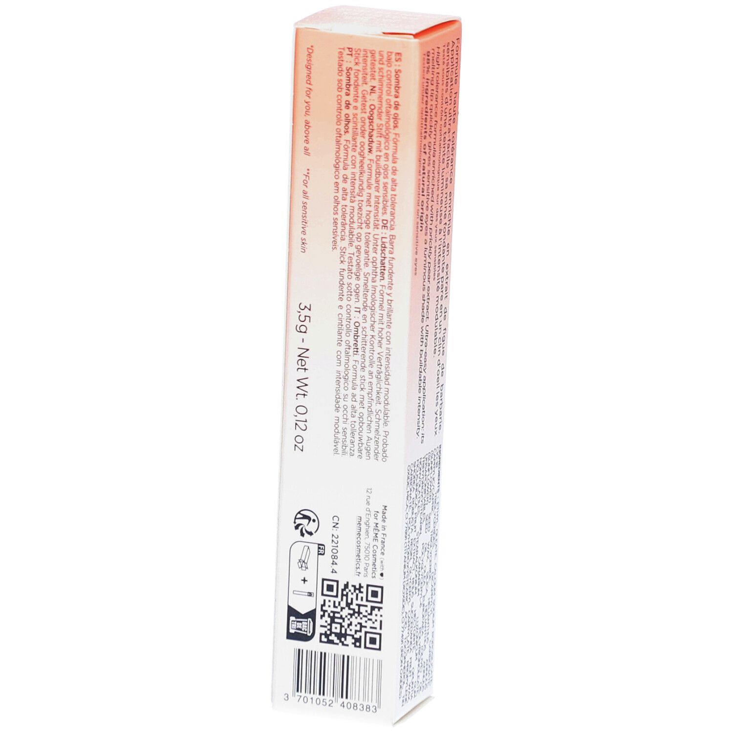 MEME Ombre à paupières Starlight. Emballage avec texte. Boîte blanche et orange. Informations textuelles et code QR.