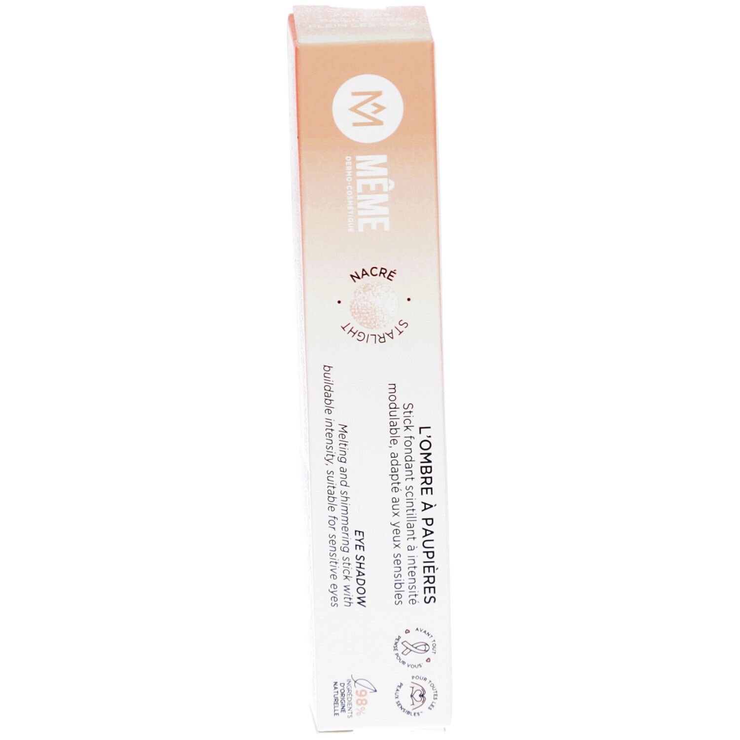 MEME Ombre à paupières Starlight. Emballage avec produit et texte. Boîte blanche et orange. Nom du produit et logo visibles.