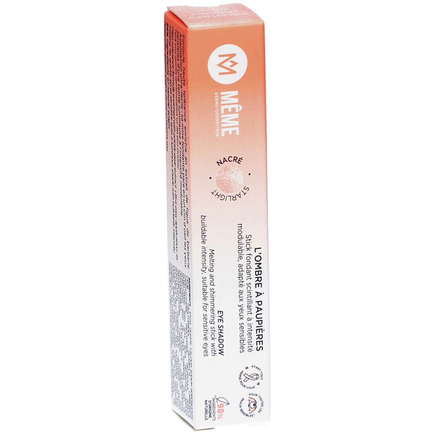 MEME Ombre à paupières Starlight. Emballage avec produit et texte. Boîte blanche et orange. Nom du produit et logo visibles.