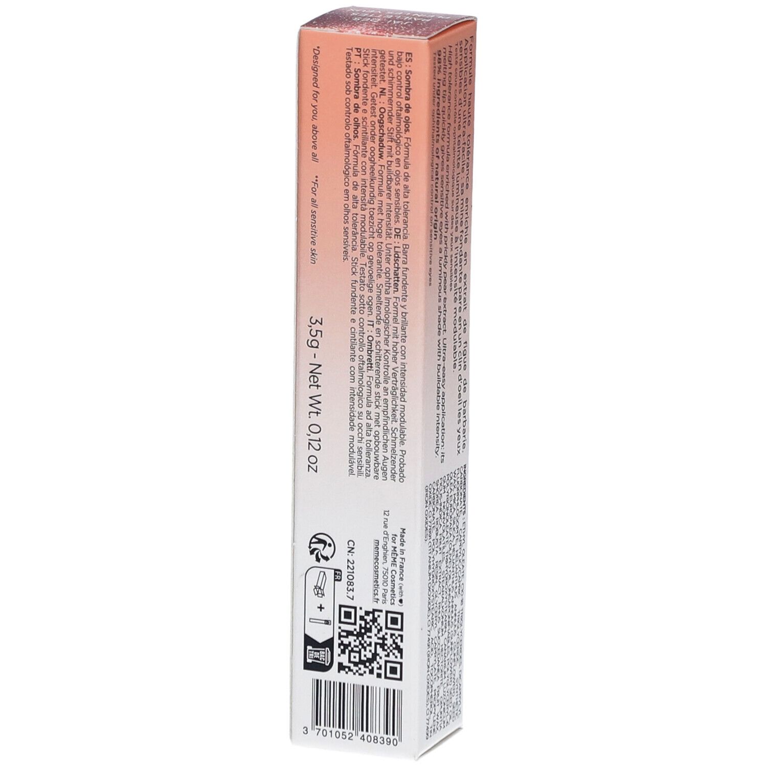 MEME Ombre à paupières Rosy brown. Emballage avec informations. 3,5g. Poids net 0,12 oz. Code QR et autres informations.