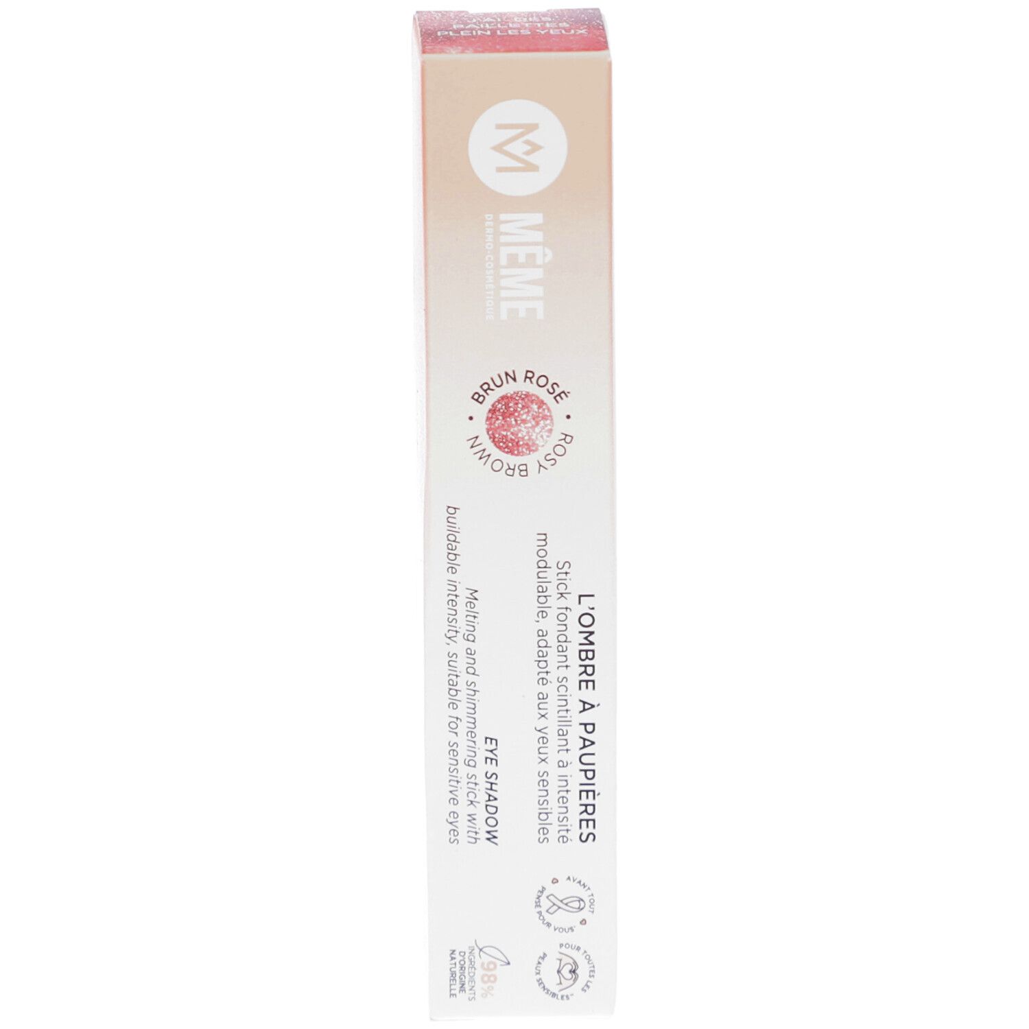 MEME Ombre à paupières Rosy brown. Emballage avec stick. Inscription: Brun Rose Brown. Convient aux yeux sensibles.