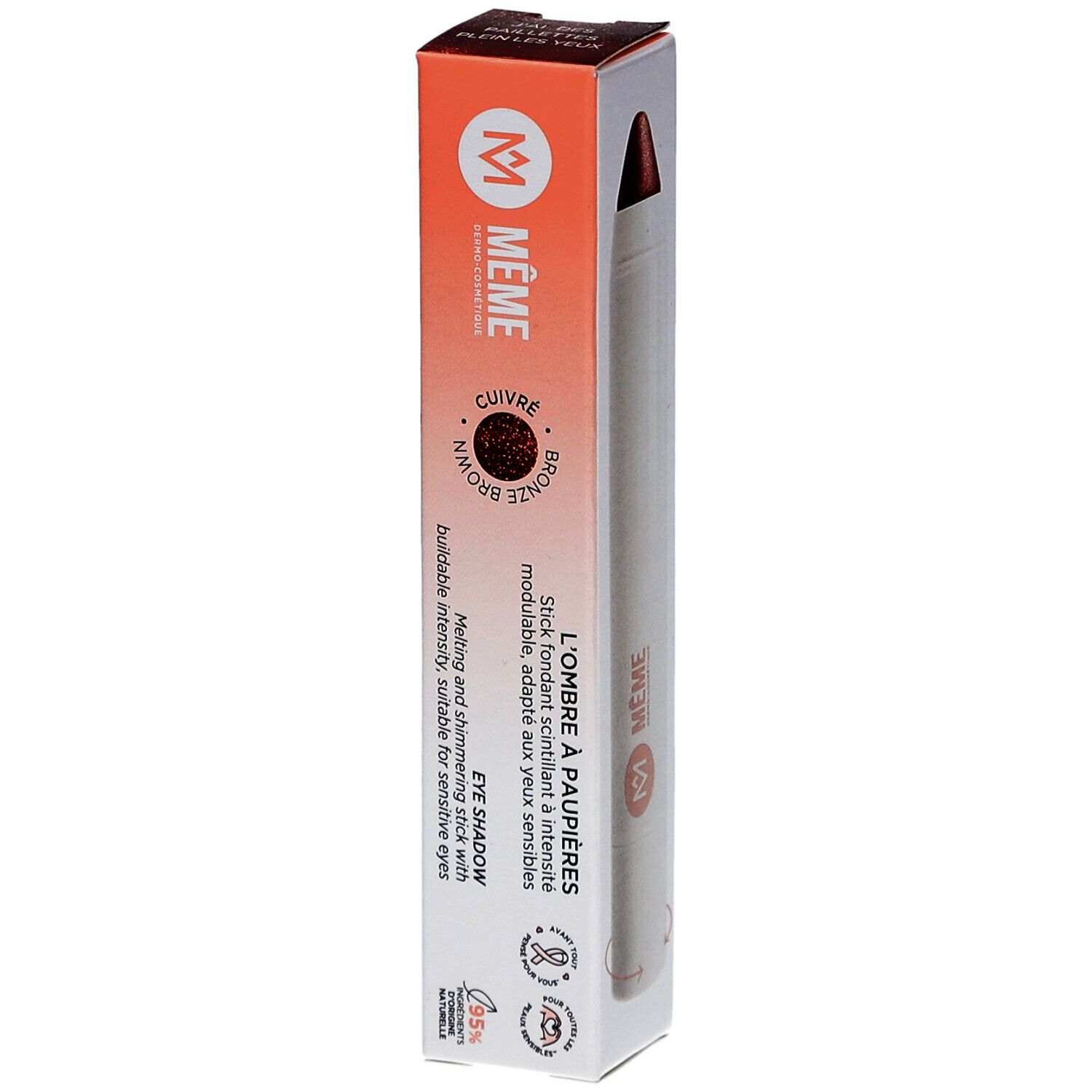 Ombre à paupières MEME, Bronze Brown. Stick dans son emballage. Boîte orange et blanche avec informations et logo.