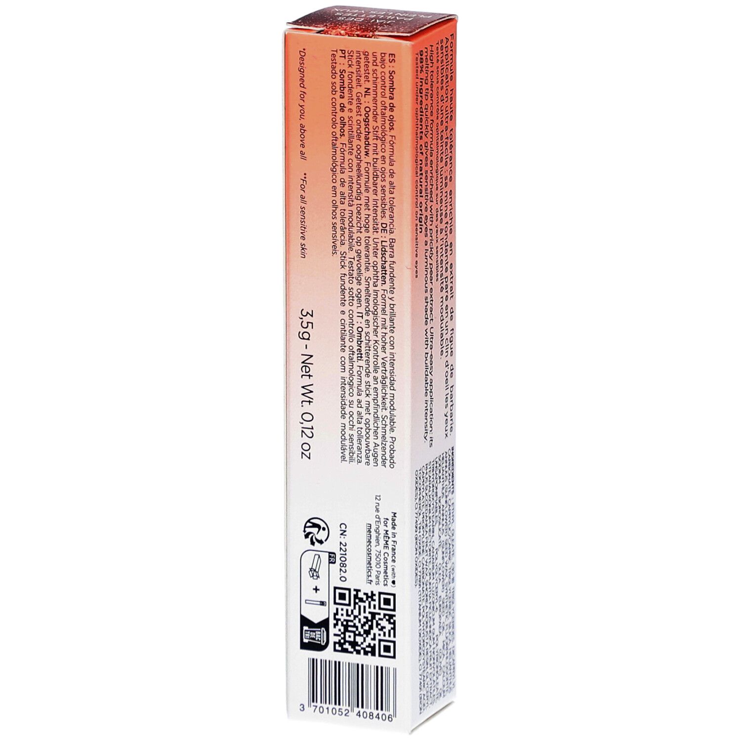 Dos de l'emballage de l'ombre à paupières MEME. 3,5g Net. Code QR et informations produit. Fond blanc.