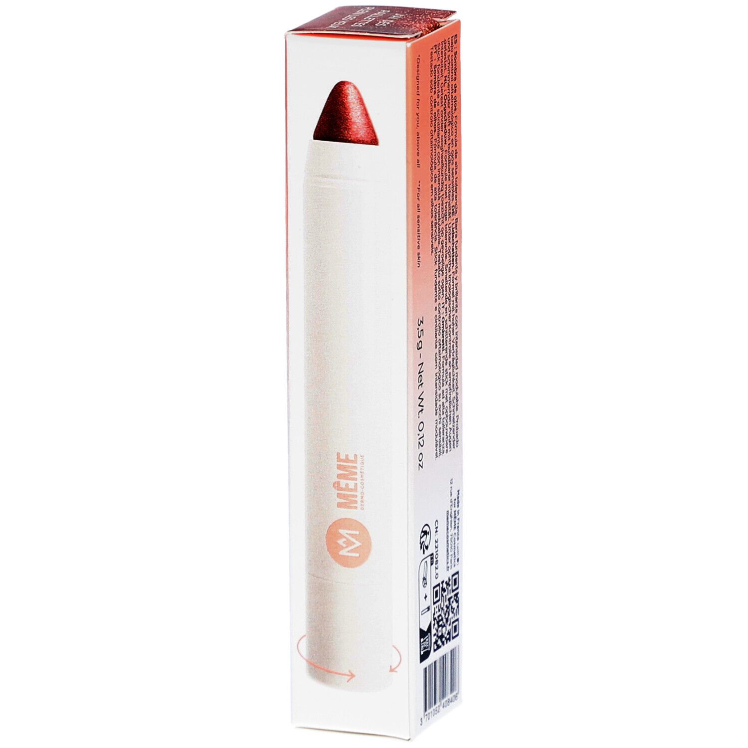Stick d'ombre à paupières MEME et emballage. Stick blanc avec pointe rouge. Emballage avec logo et texte.