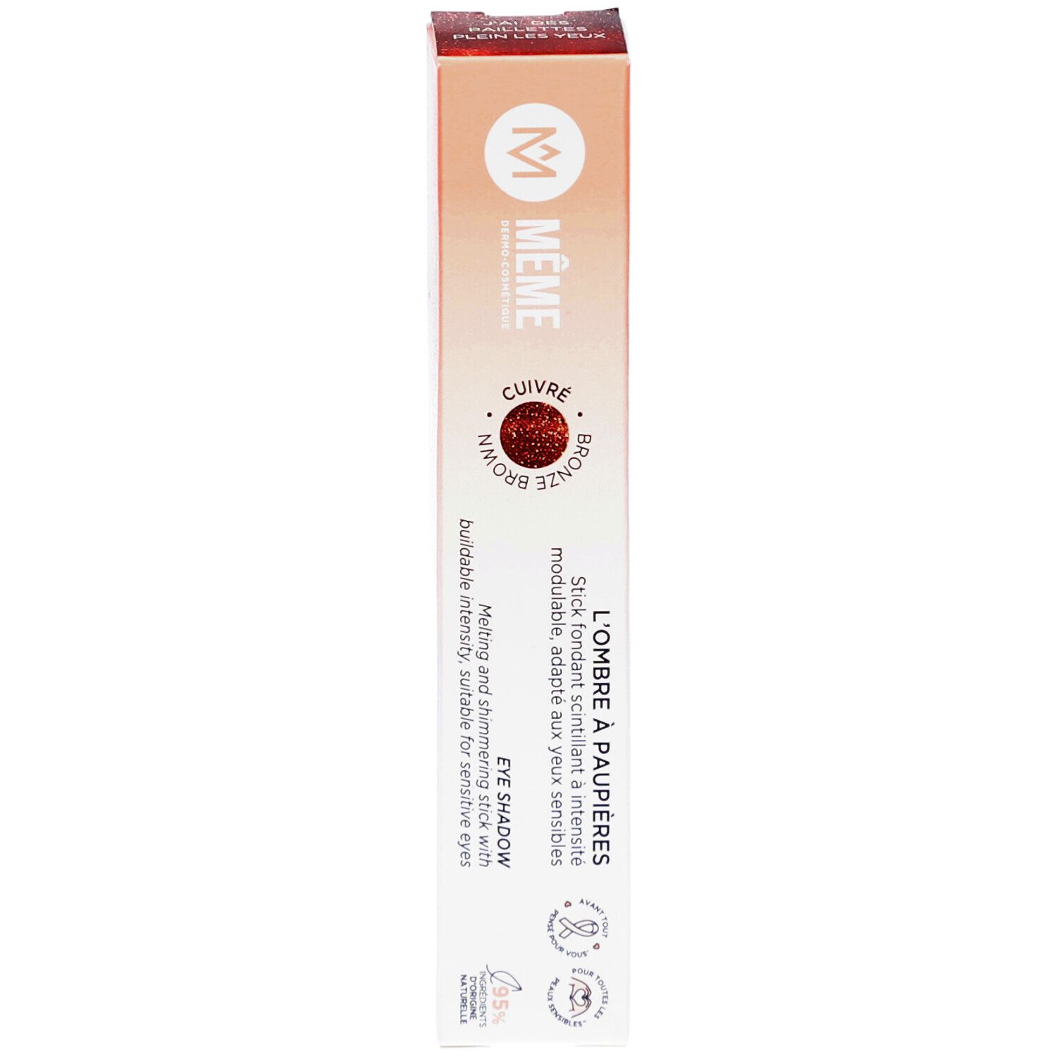 Ombre à paupières MEME, Bronze Brown. Stick dans son emballage. Boîte orange et blanche avec informations et logo.