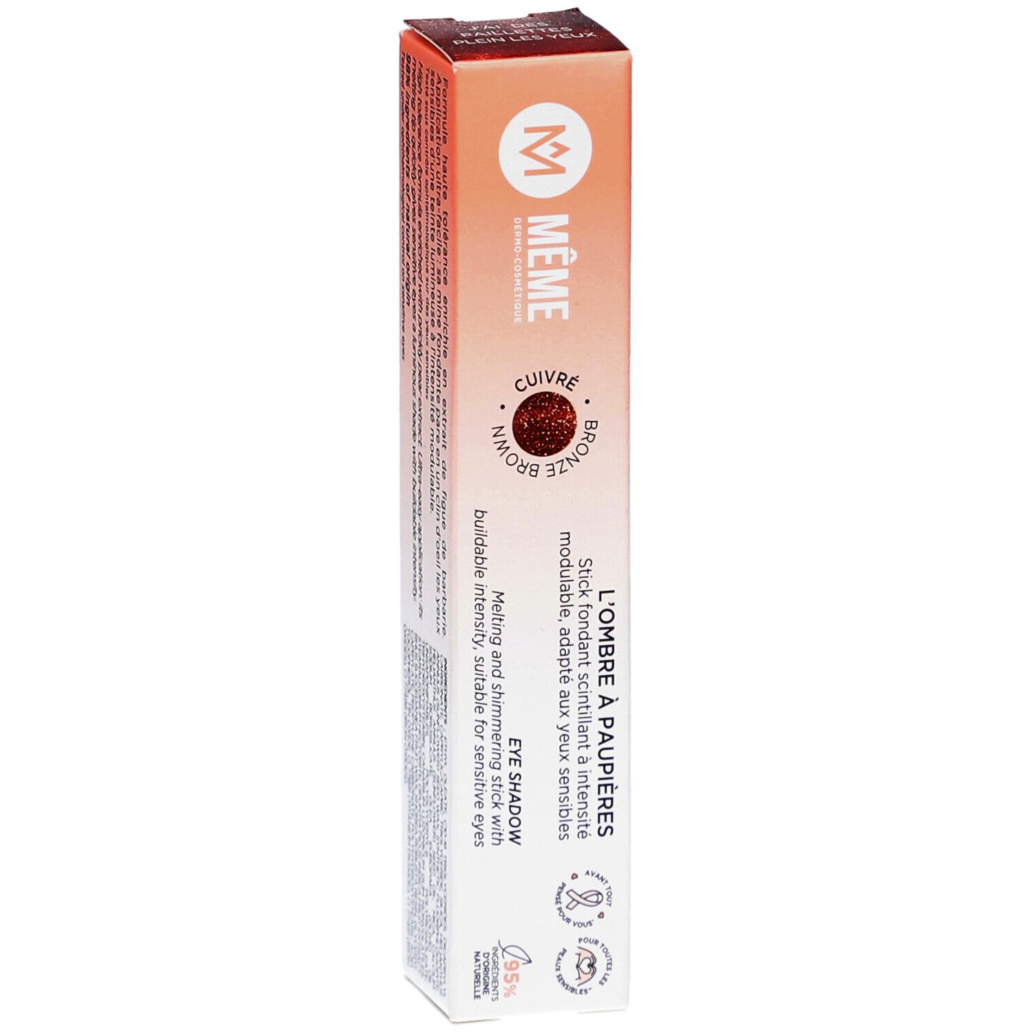 Ombre à paupières MEME, Bronze Brown. Stick dans son emballage. Boîte orange et blanche avec informations et logo.