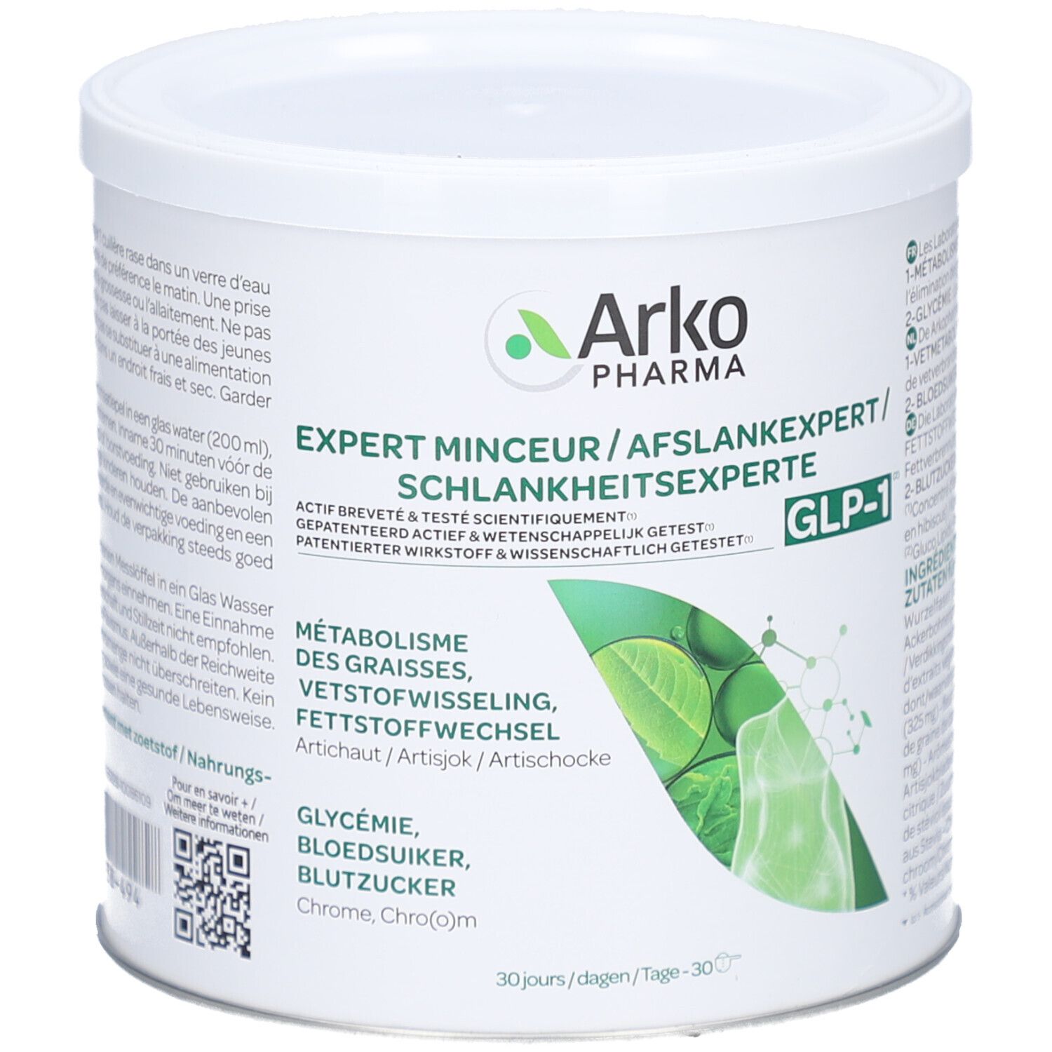 Witte verpakking met deksel. Opschrift: Arkopharma, Expert Minceur GLP-1. Bevat 270g. Groen-witte grafiek.