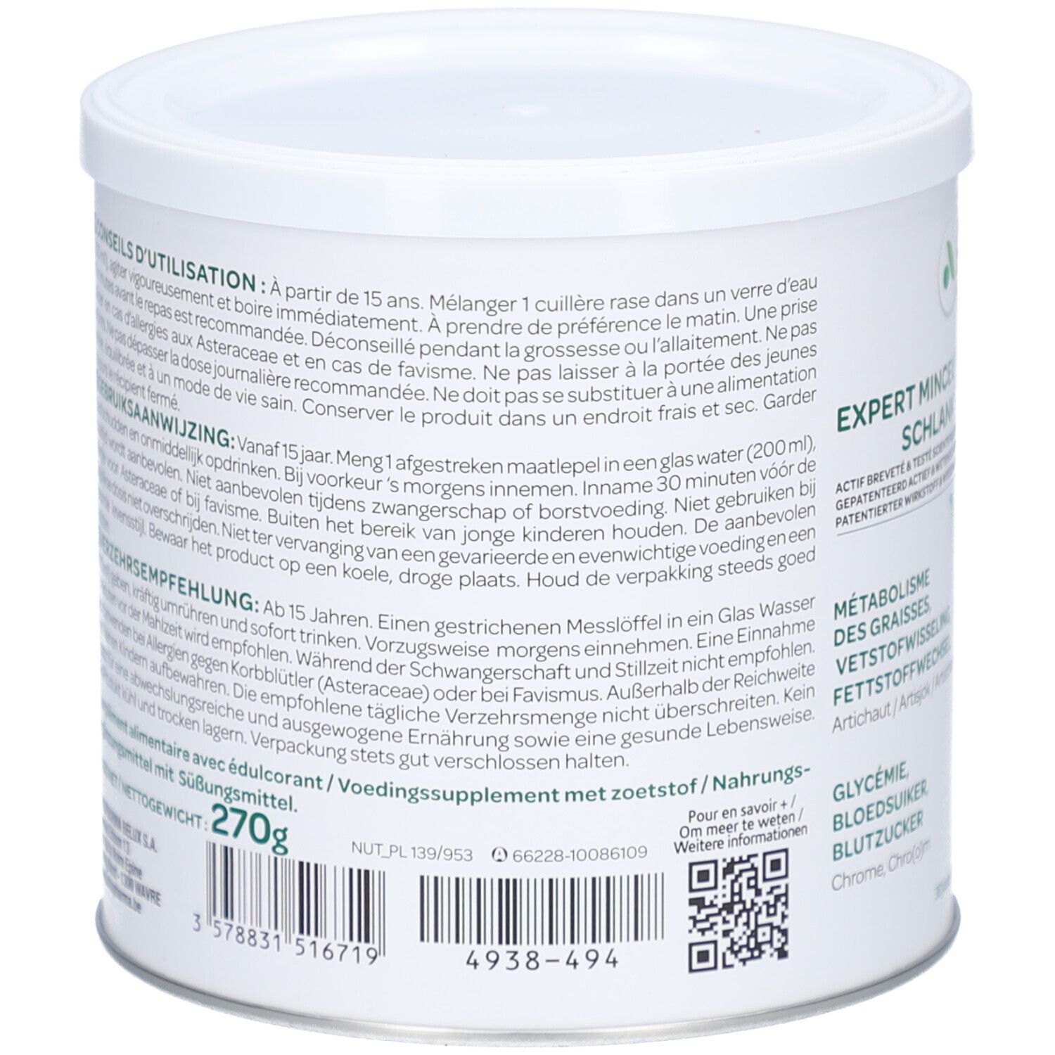 Achterkant van de verpakking. Tekst in meerdere talen. Bevat 270g. QR-code en barcode. Fabrikant informatie.