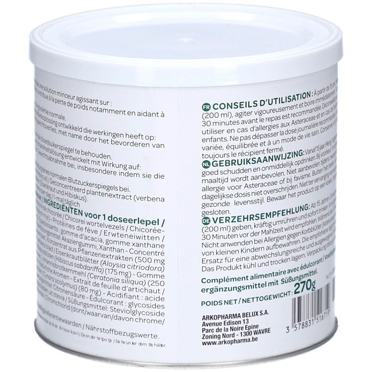 Verpakking met tekst in meerdere talen. Bevat 270g. Fabrikant informatie. QR-code en barcode.