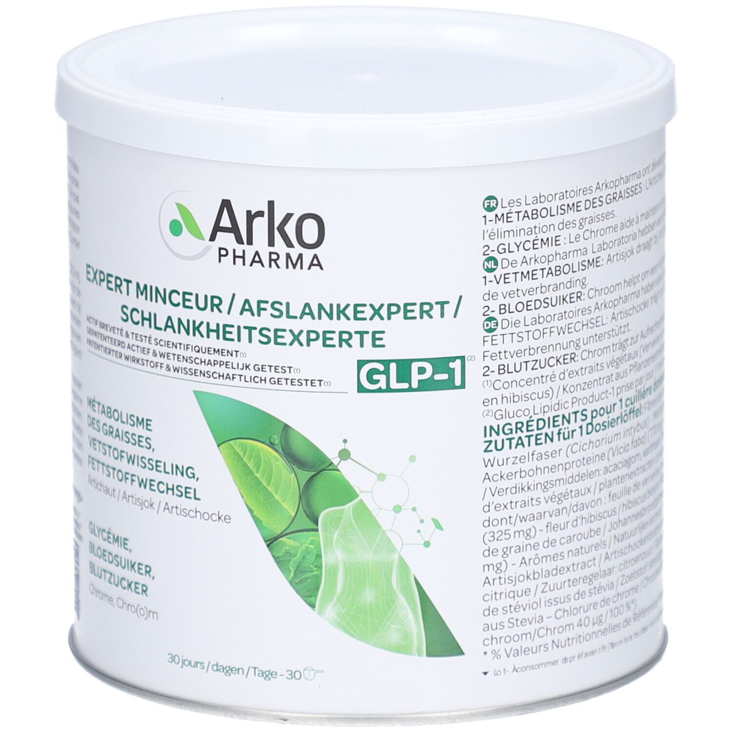 Witte verpakking met deksel. Opschrift: Arkopharma, Expert Minceur GLP-1. Bevat 270g. Groen-witte grafiek.