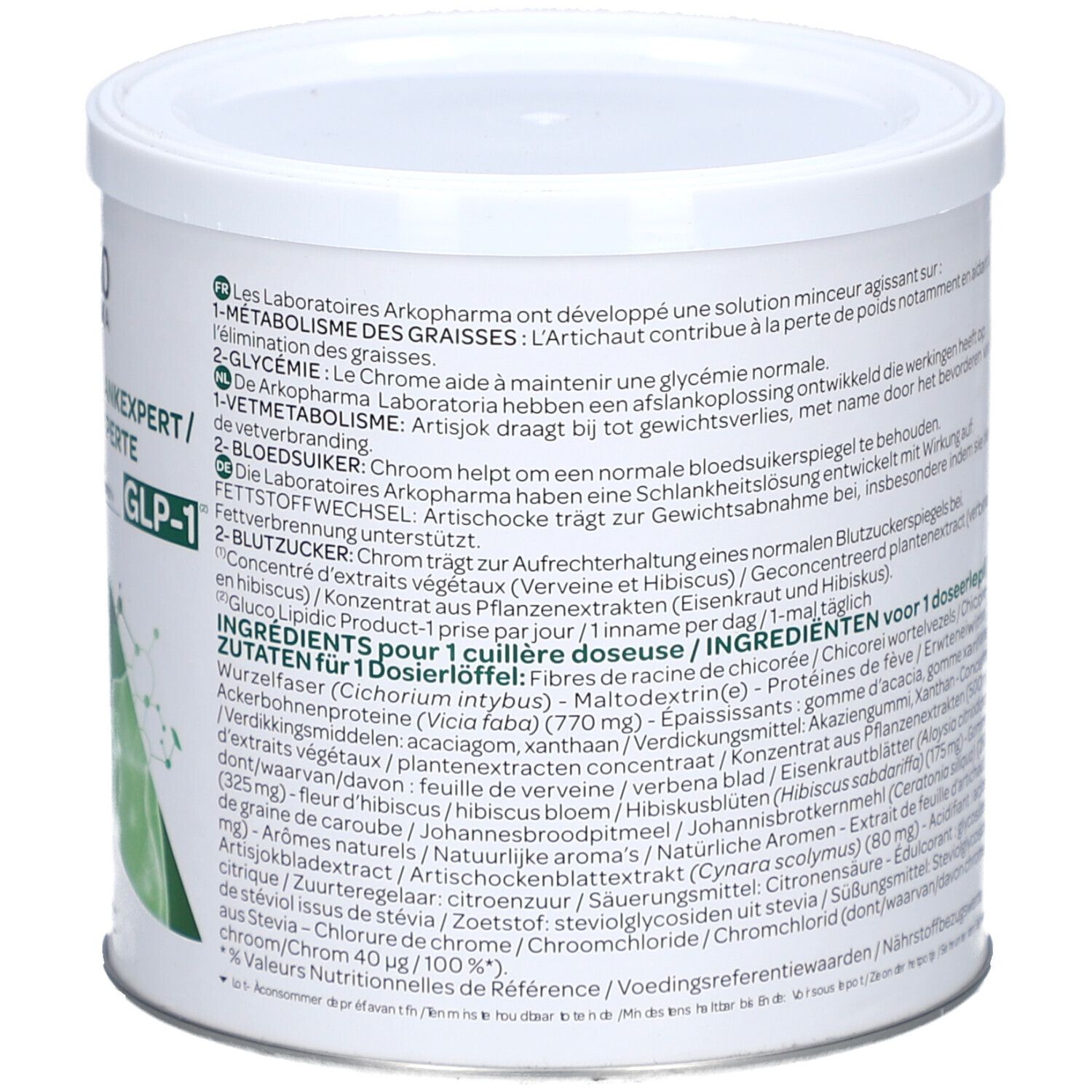 Achterkant van de verpakking. Tekst in meerdere talen. Bevat 270g. QR-code en barcode. Fabrikant informatie.