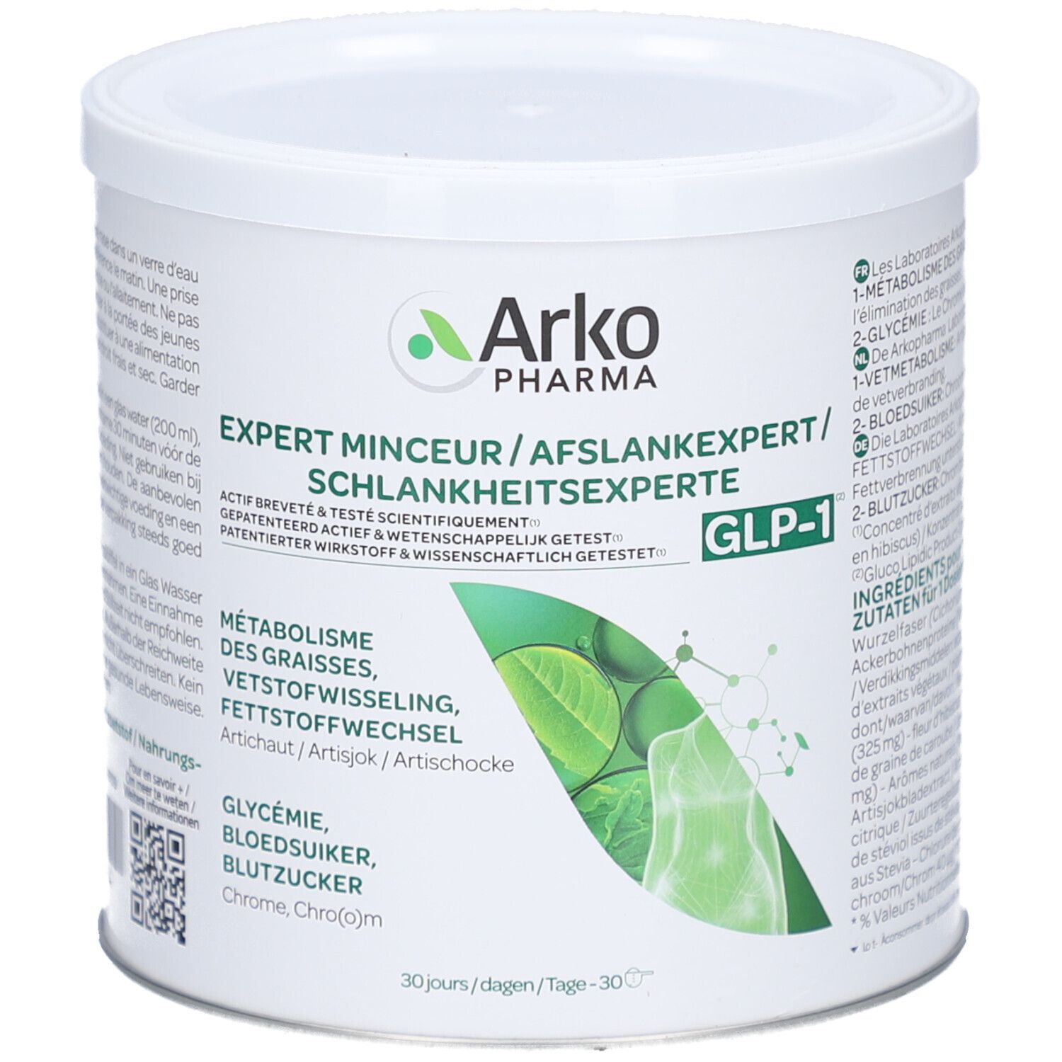 Witte verpakking met deksel. Opschrift: Arkopharma, Expert Minceur GLP-1. Bevat 270g. Groen-witte grafiek.