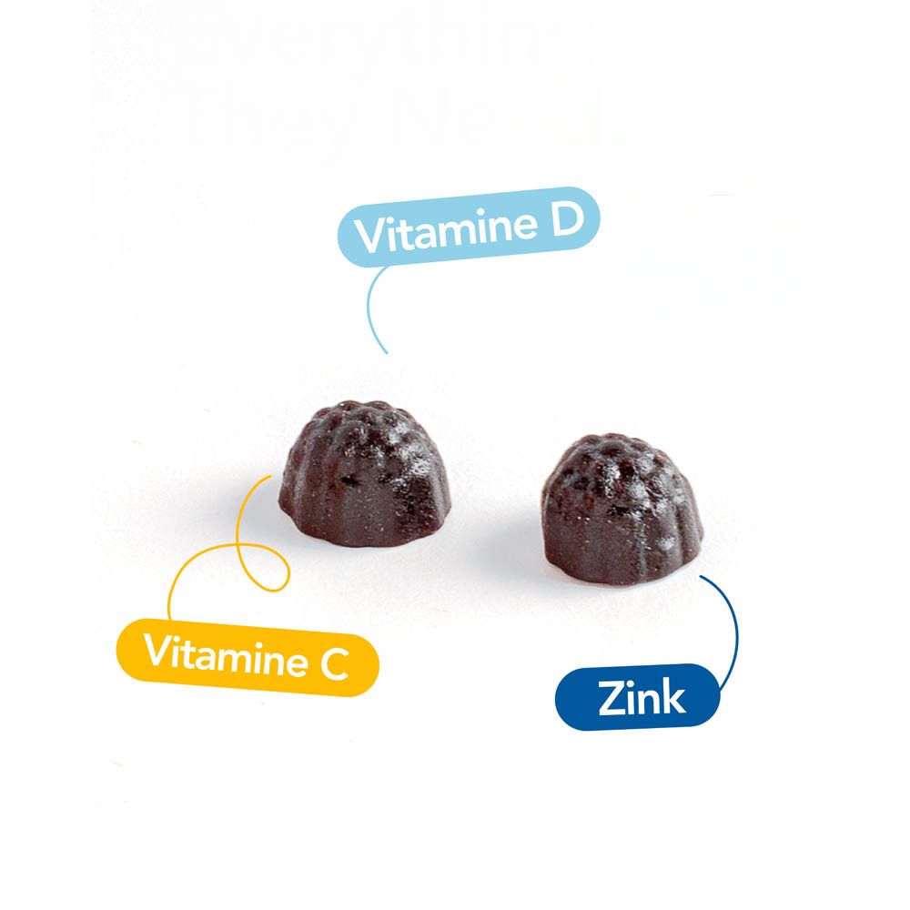 Twee gummies. Opschriften: Vitamine D, Vitamine C, Zink.