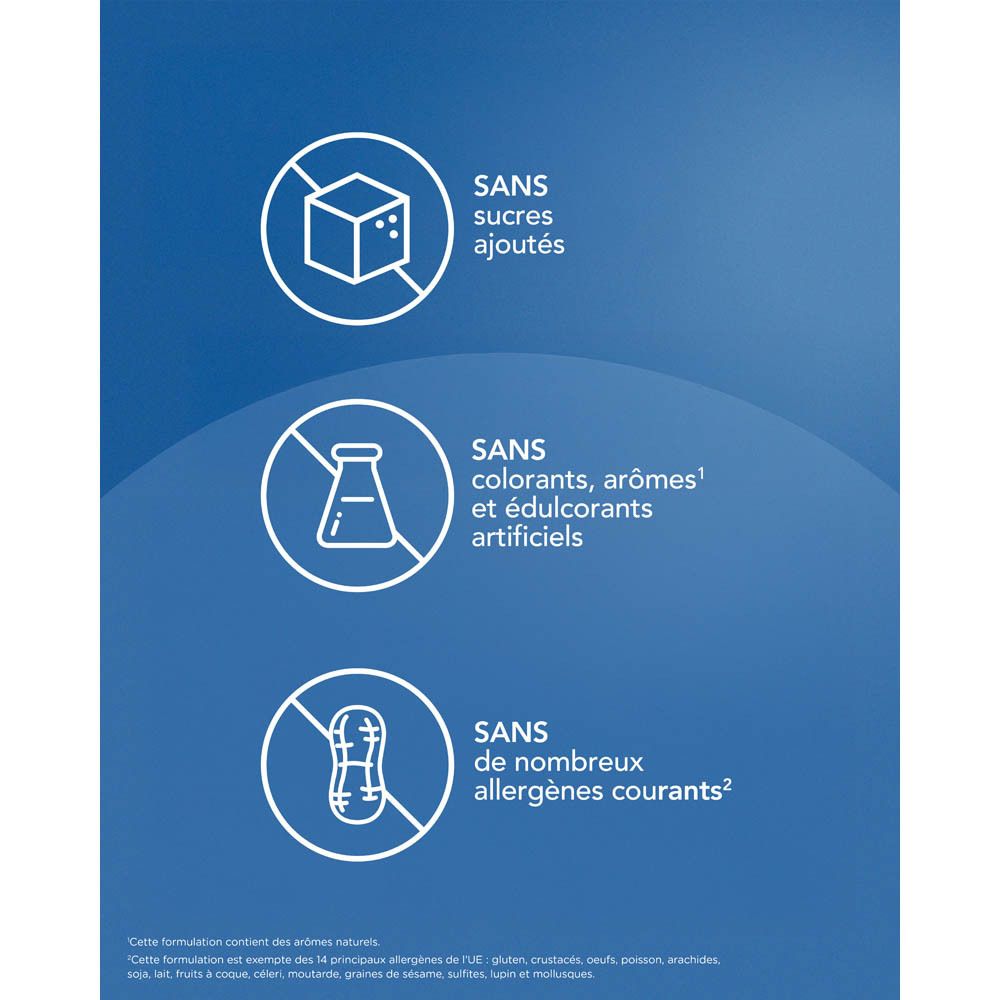 Trois symboles: Sans sucres ajoutés, sans colorants, arômes et édulcorants artificiels, sans allergènes.