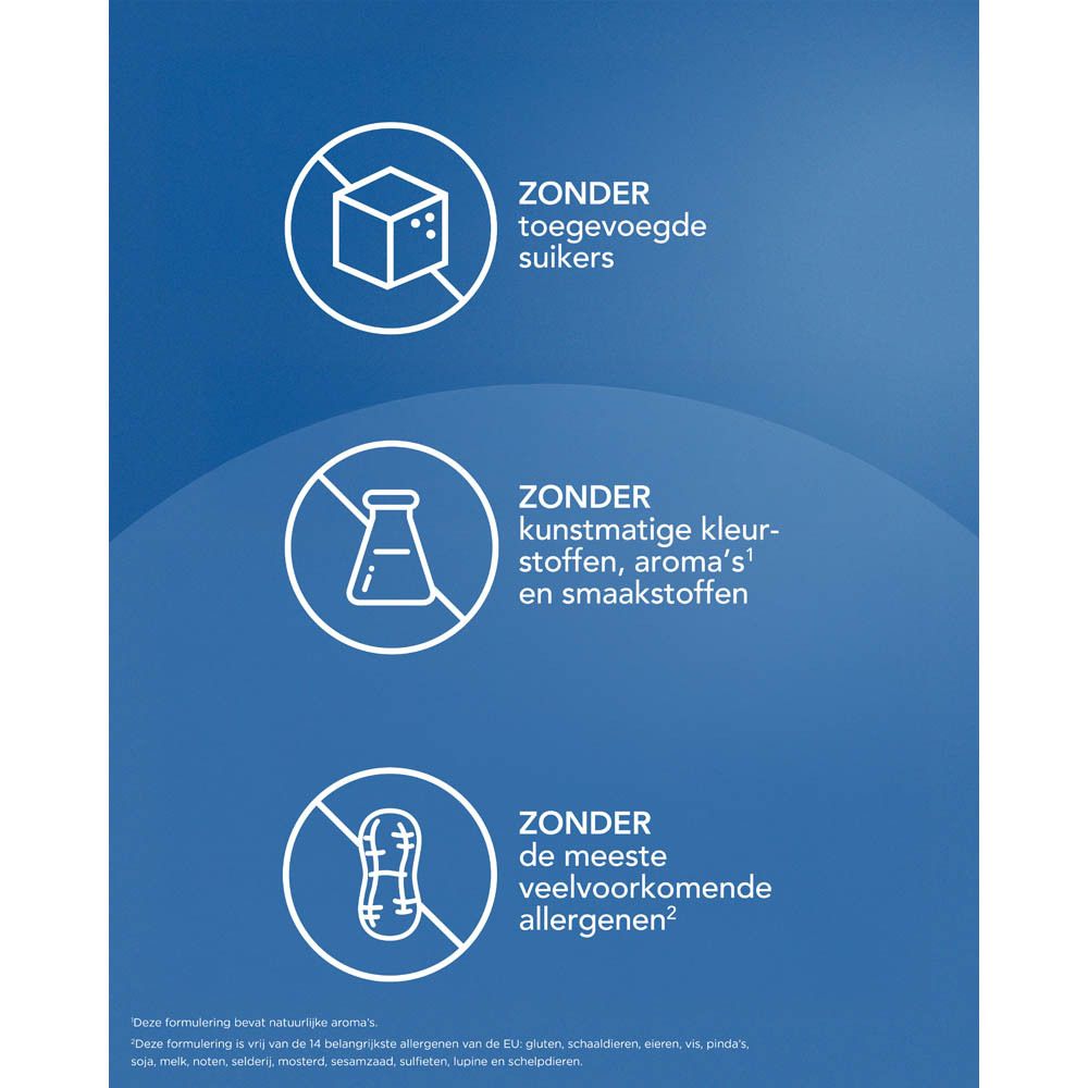 Drie symbolen: Zonder toegevoegde suikers, zonder kunstmatige kleur- en smaakstoffen, zonder allergenen.