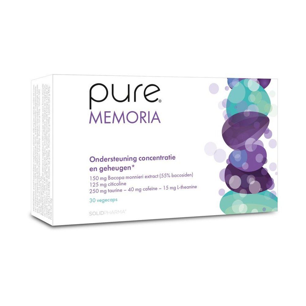 Witte doos met "pure MEMORIA" logo. Tekst in het Nederlands. Illustratie van stenen.