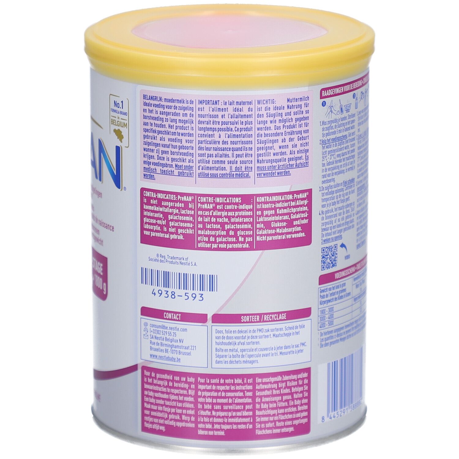 Dos de la boîte Nestlé PreNAN Stage 2. Contient des avertissements et des coordonnées. 400g.