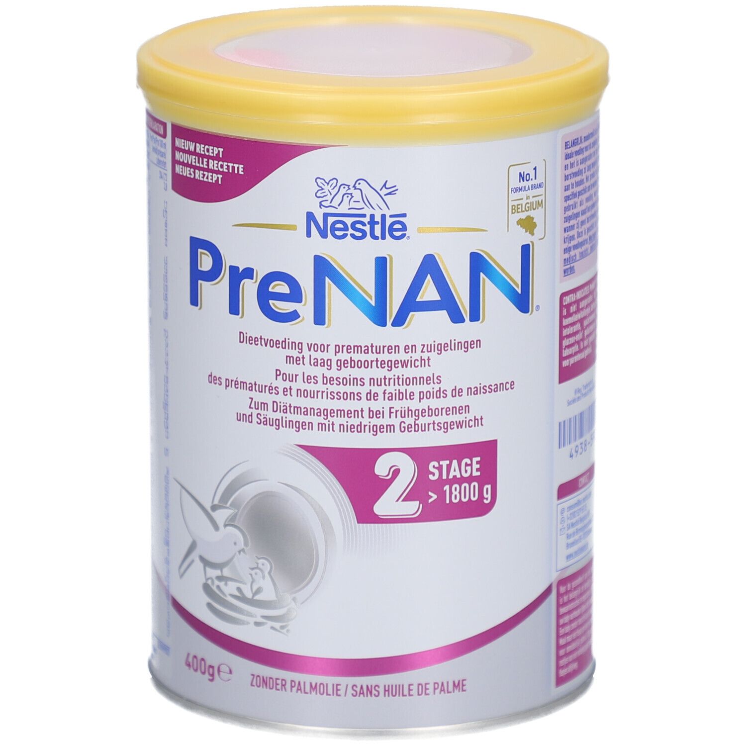 Boîte Nestlé PreNAN Stage 2, plus de 1800 g. Couvercle jaune, étiquette rose. Texte: Gestion diététique pour prématurés. 400g. Fabriqué en Belgique.