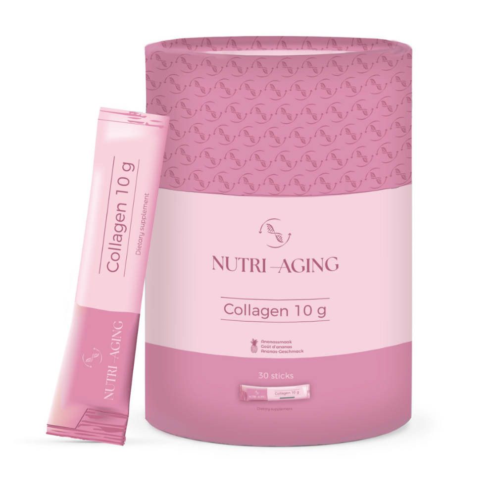 Productverpakking en een zakje. Opschrift: Collagen 10 g. Roze.