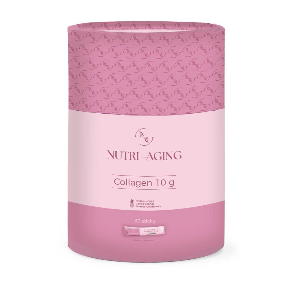 Roze cilindrische doos. Opschrift: NUTRI-AGING Collagen 10 g. 30 sticks. Logo.