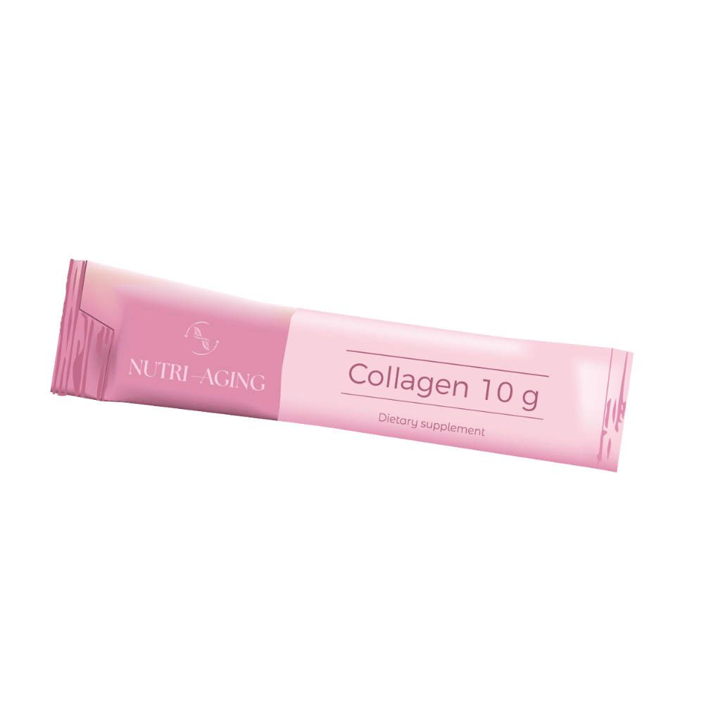 Sachet individuel, rose. Inscription: Collagen 10 g. Complément alimentaire.