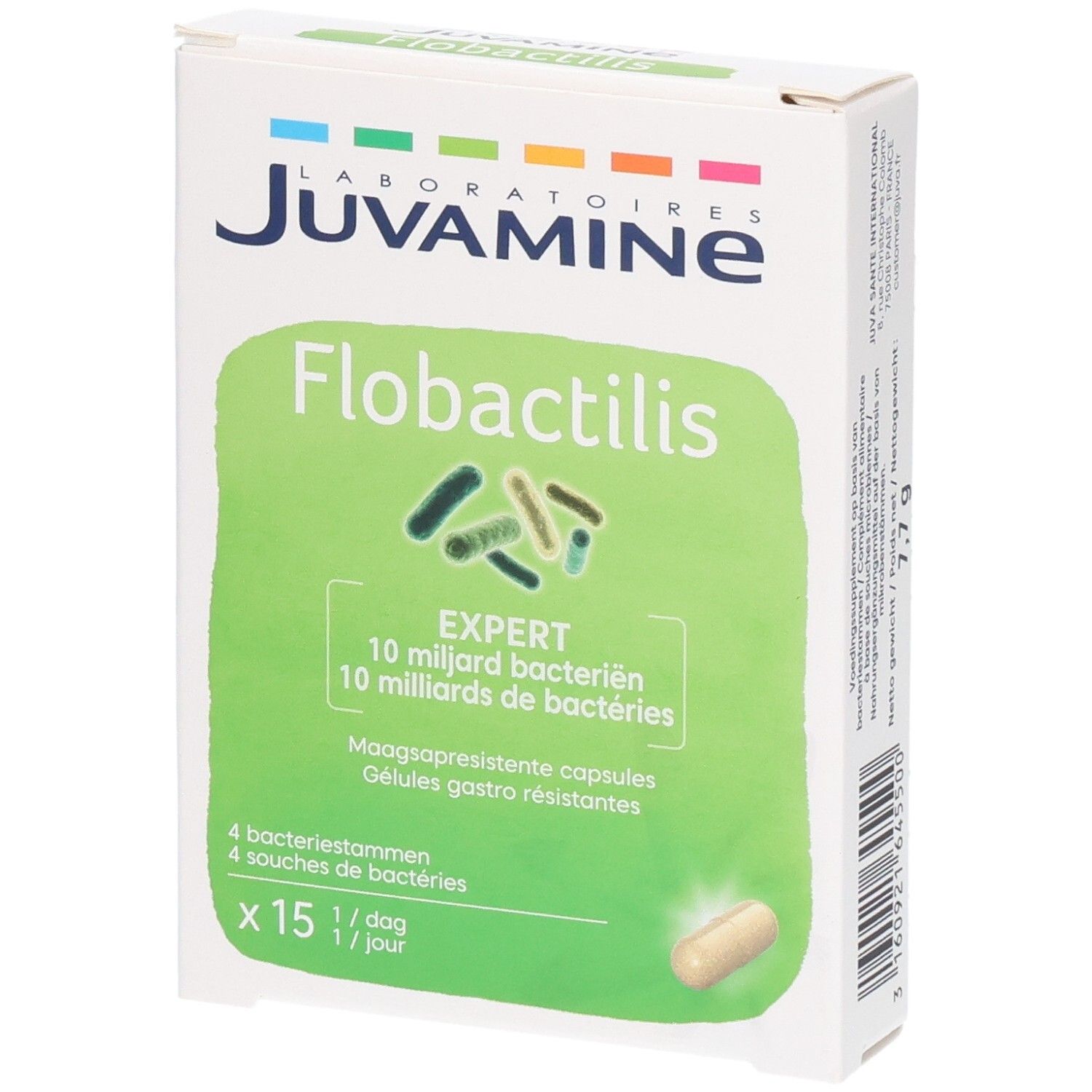 Emballage de capsules Flobactilis Expert, 15 unités. Contient 10 milliards de bactéries par capsule.
