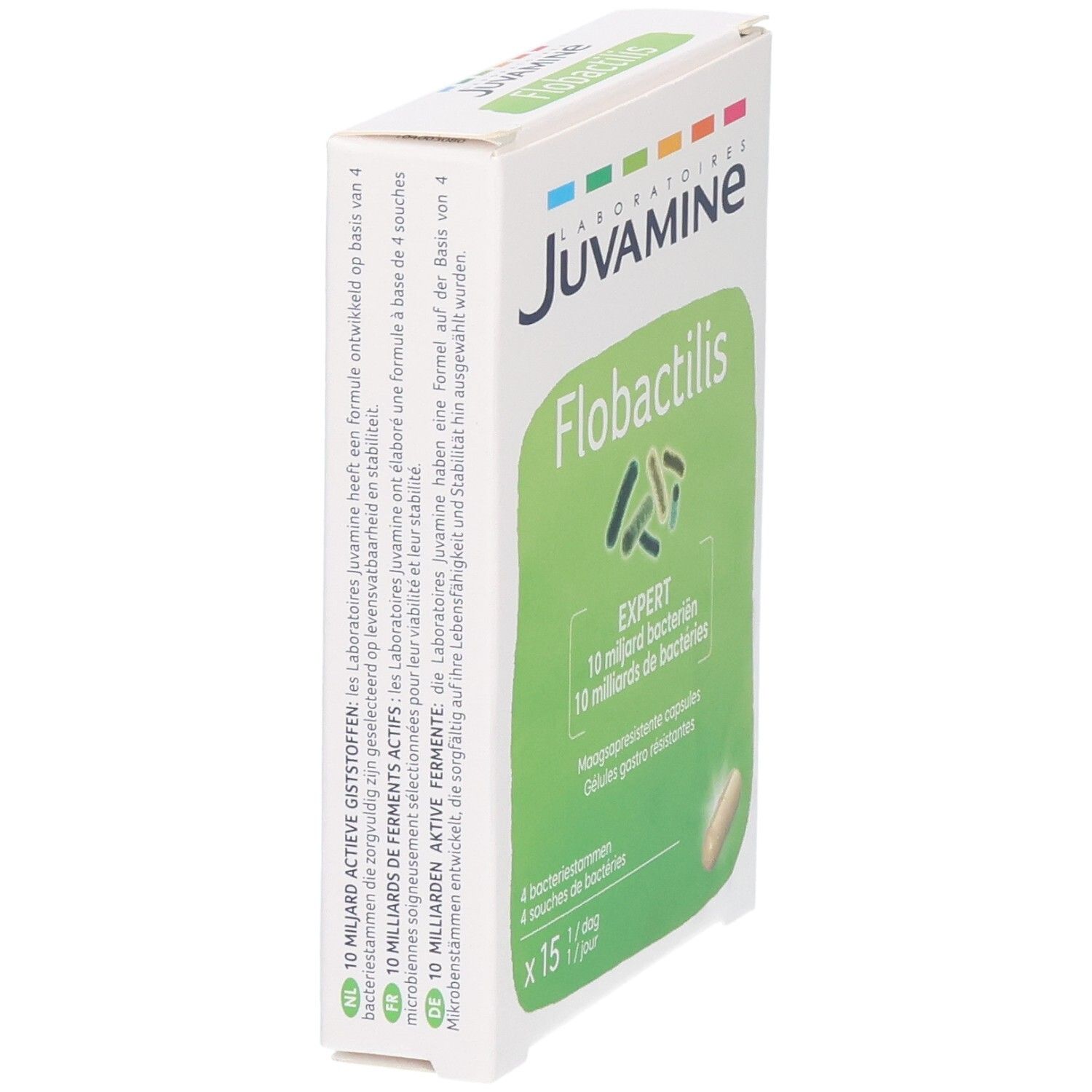 Vue latérale de l'emballage des capsules Flobactilis Expert. Affiche des informations sur les souches bactériennes et la posologie.