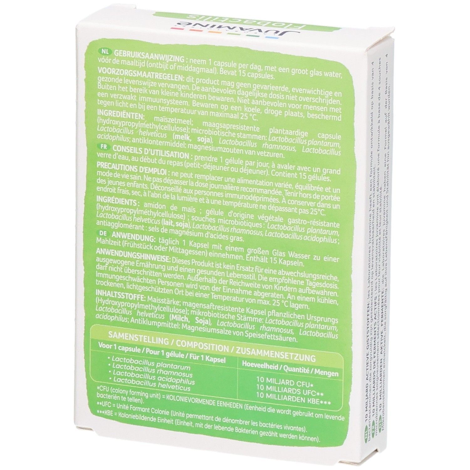 Arrière de l'emballage des capsules Flobactilis Expert avec instructions d'utilisation et ingrédients détaillés.
