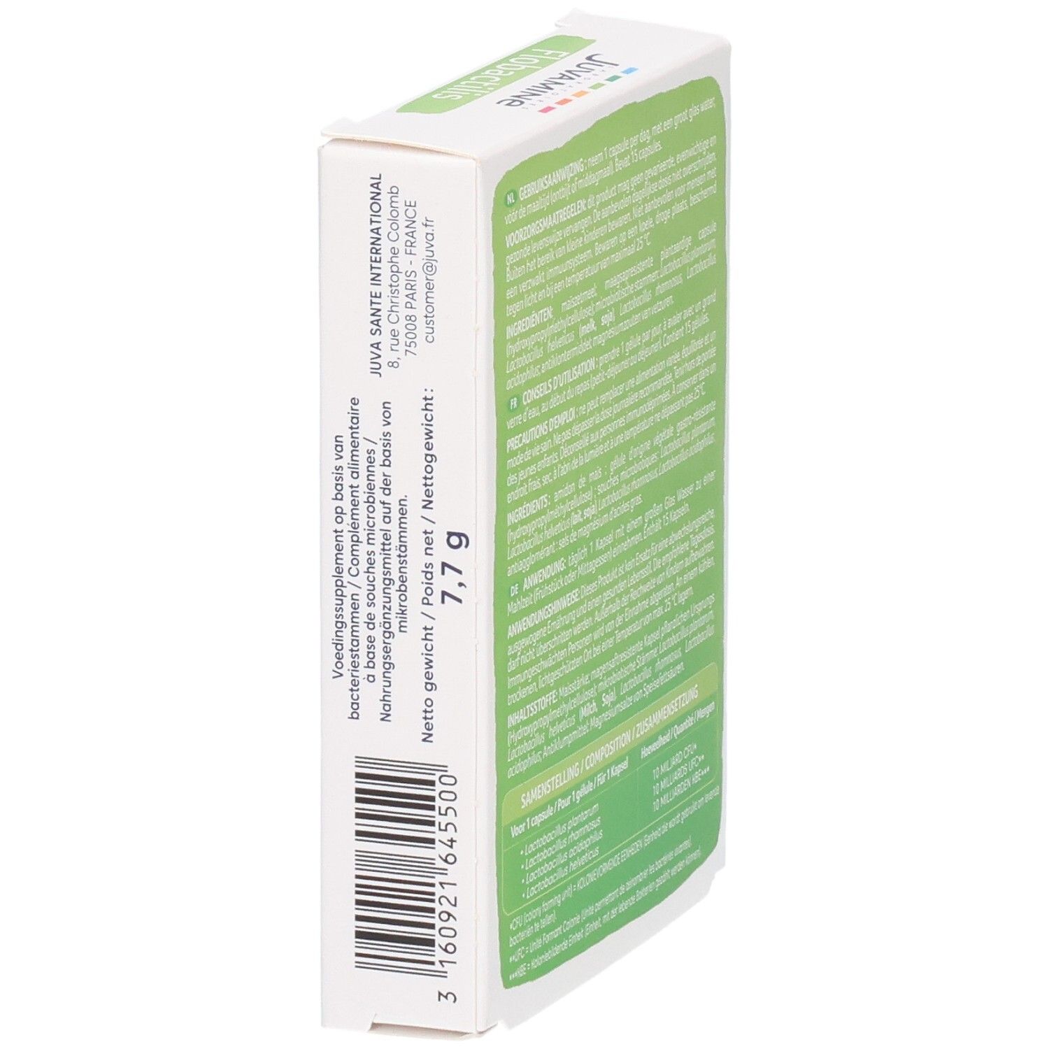 Vue latérale de l'emballage des capsules Flobactilis Expert. Indique le poids net et le code-barres.