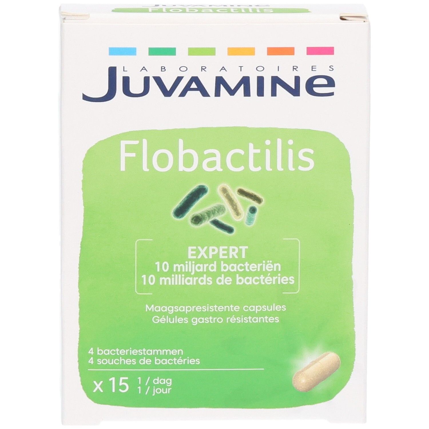 Emballage de capsules Flobactilis Expert, 15 unités. Contient 10 milliards de bactéries par capsule.