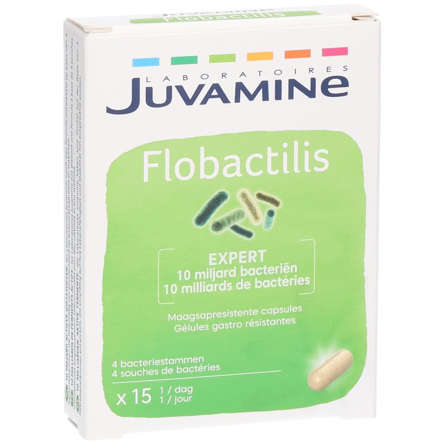 Emballage de capsules Flobactilis Expert, 15 unités. Contient 10 milliards de bactéries par capsule.