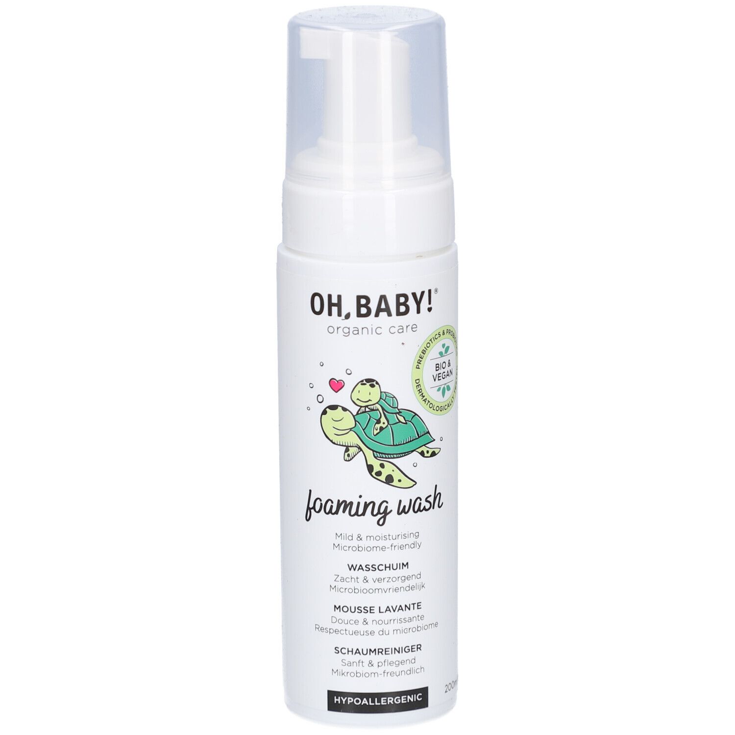 Flacon blanc avec pompe. Inscription: OH, BABY! organic care, foaming wash. Illustration d'une tortue. Label Bio & Vegan.
