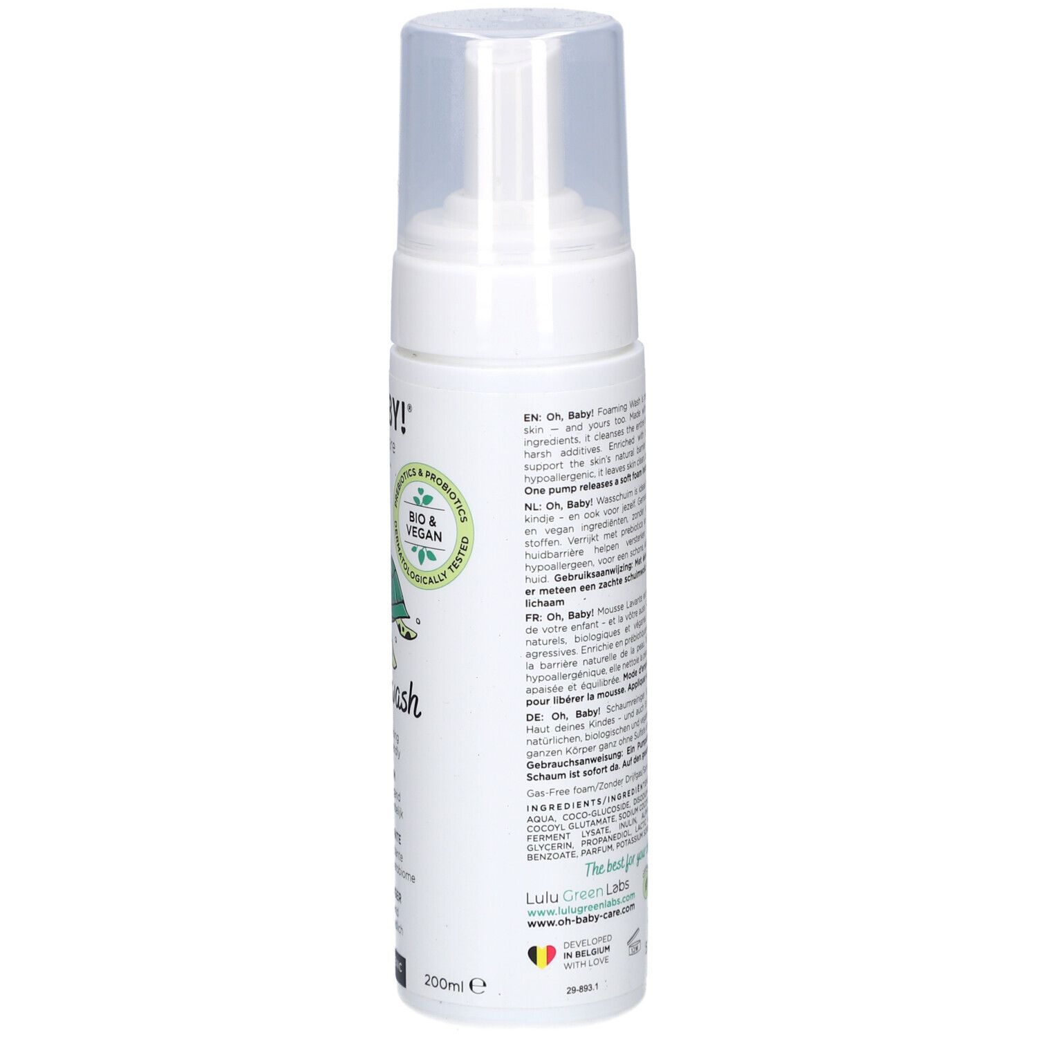 Flacon blanc avec pompe. Texte au dos. Contient des informations sur le produit et les ingrédients.