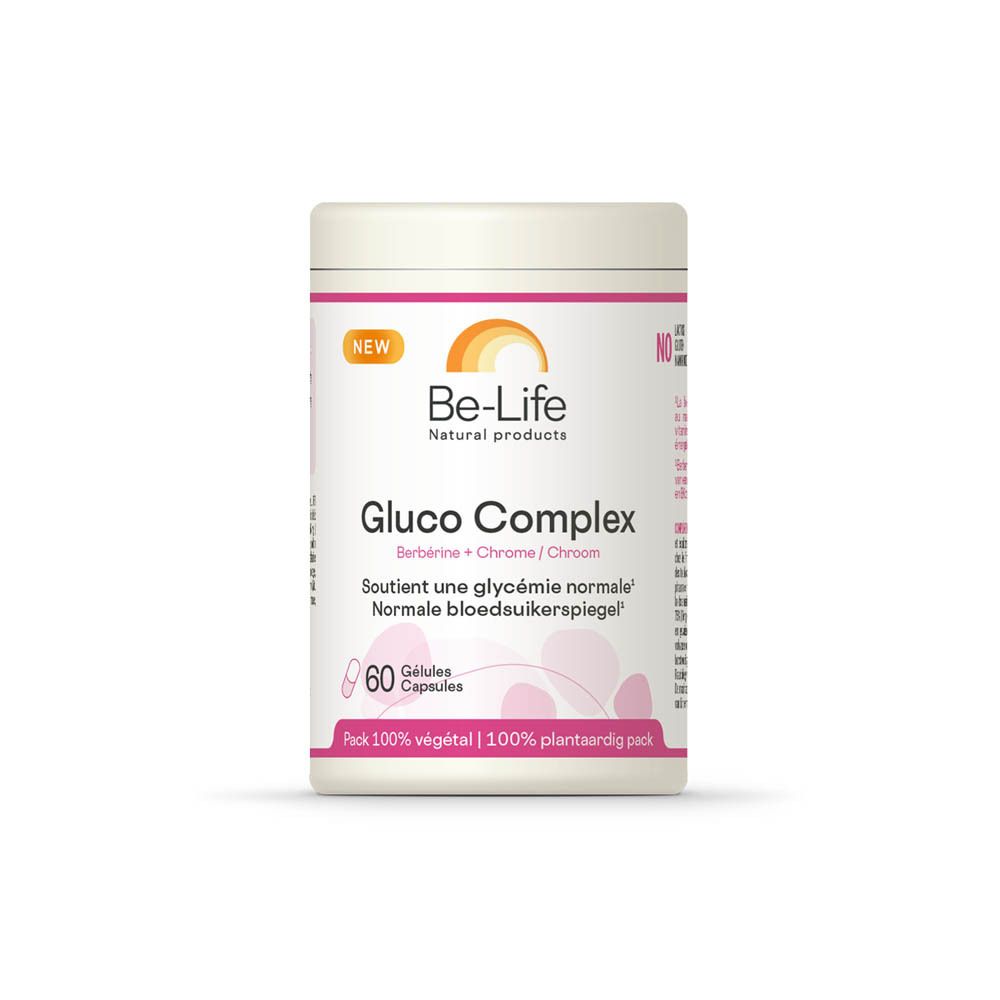 Be-Life Gluco Complex. Pot met 60 capsules. Opschrift: Berberine + Chroom. Roze en gele accenten. Deksel en pot lichtbeige.
