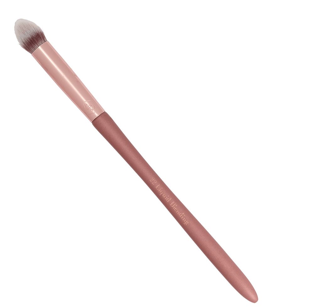 Penseel met roze handvat en lichte borstelkop. "Liquid Blending" staat op het handvat.