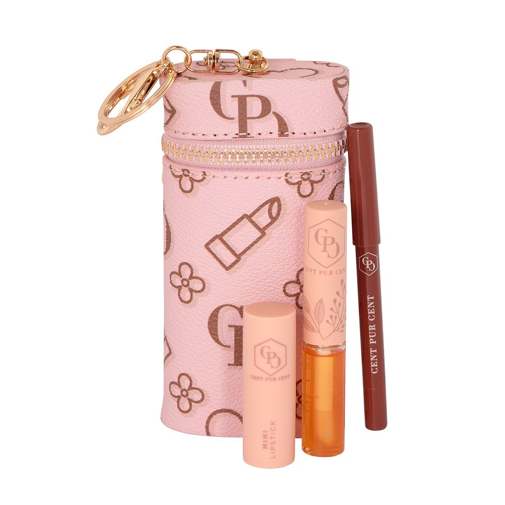 Trousse de maquillage rose avec contenu: crayon à lèvres, rouge à lèvres et gloss. Breloque dorée.