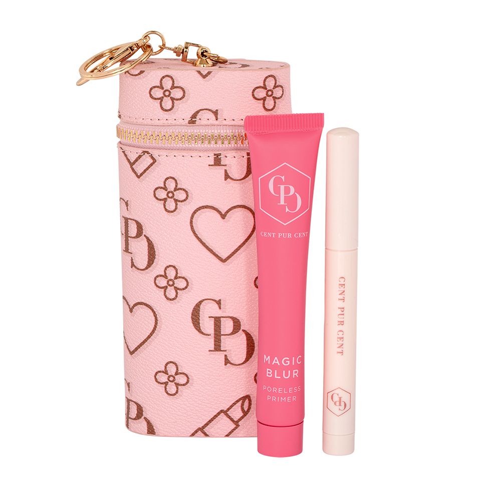 Trousse de maquillage rose avec fermeture éclair dorée, porte-clés et deux produits cosmétiques. Primer et bâton.